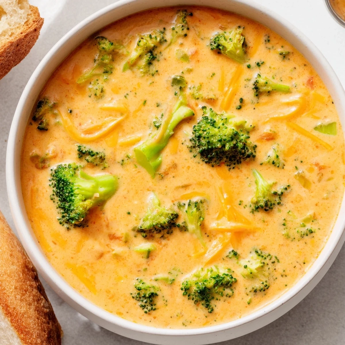 A steaming bowl of Creamy Broccoli Cheddar Soup, garnished with a sprinkle of cheese and herbs.