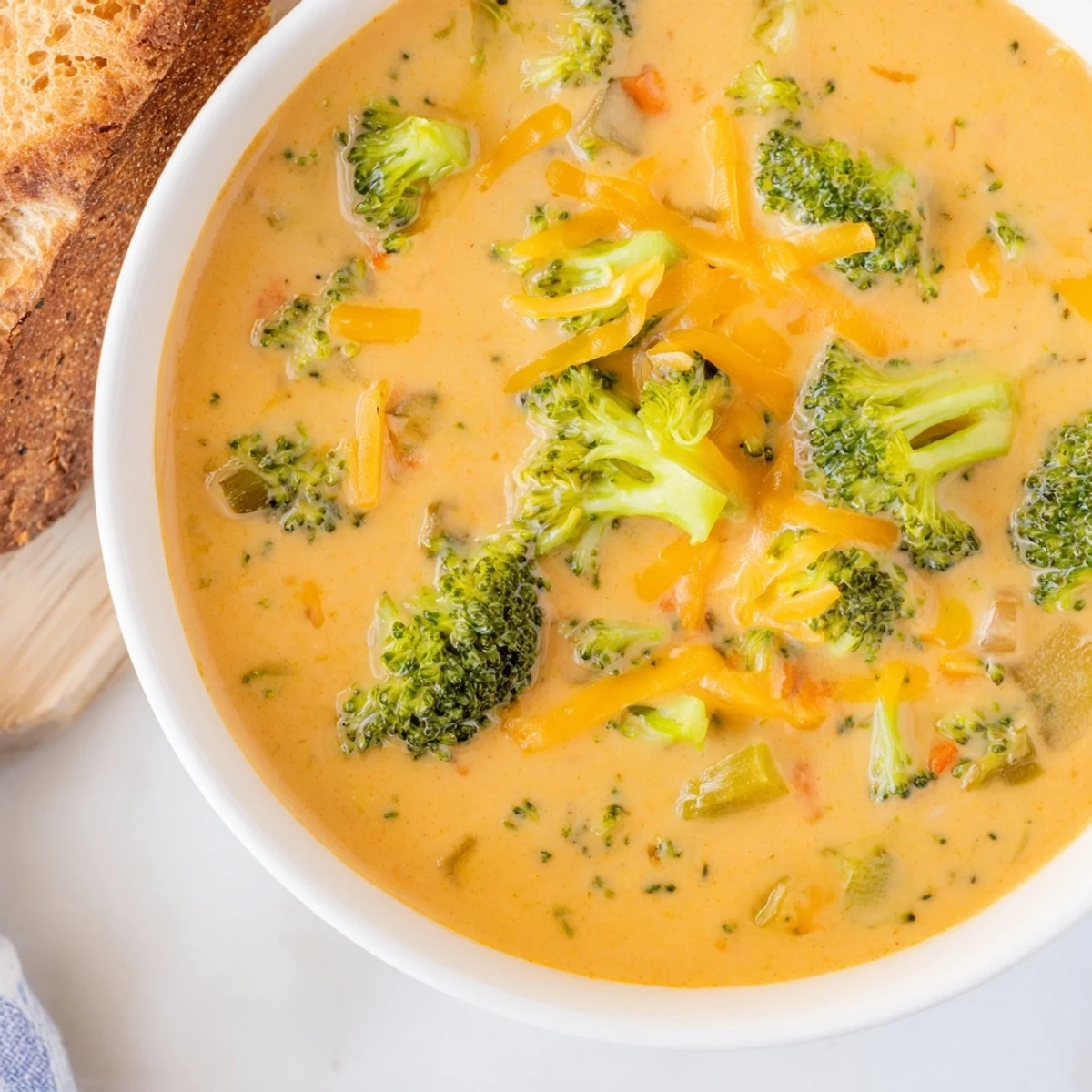 Warm, crusty bread alongside this creamy Creamy Broccoli Cheddar Soup, perfect for dipping.