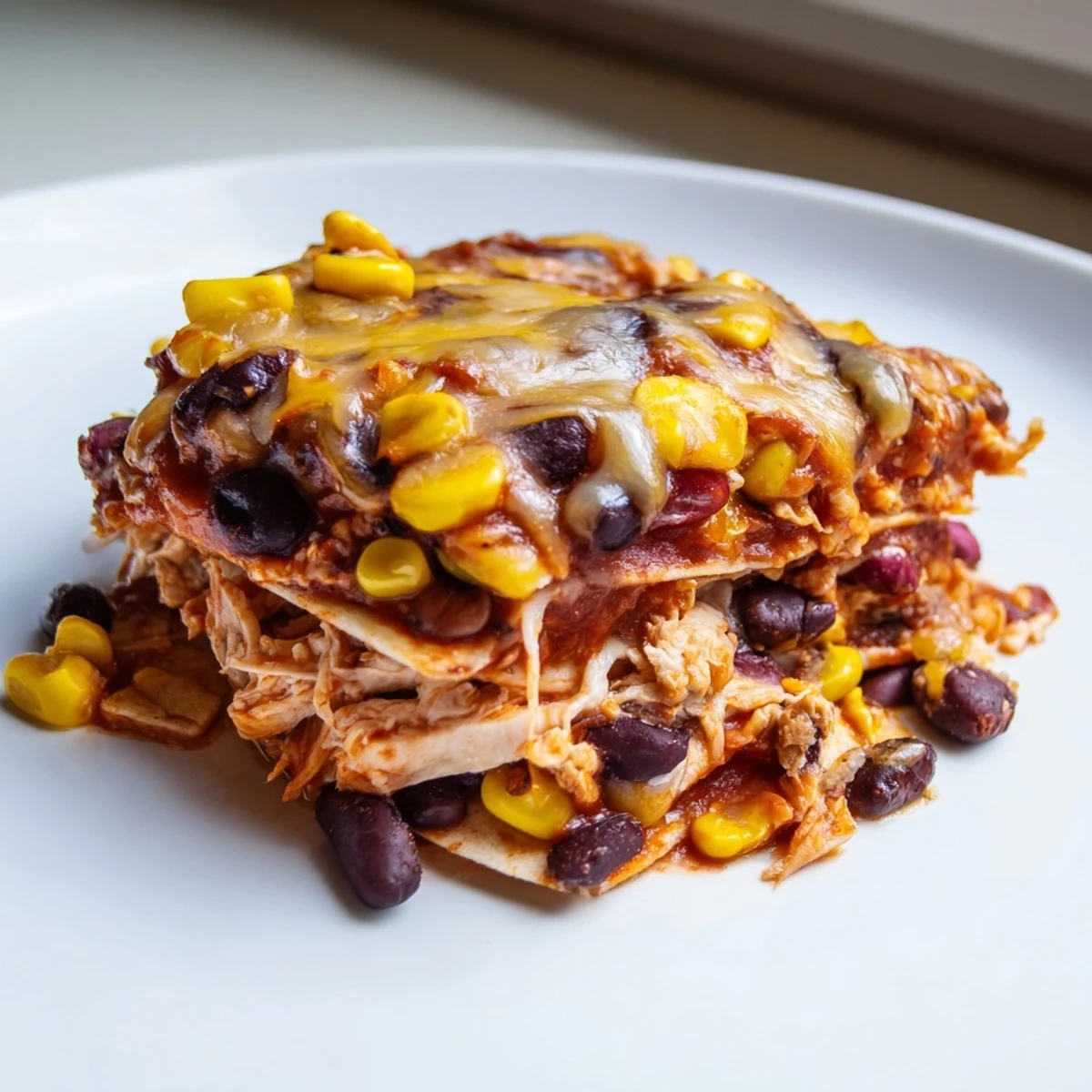 A bubbly, cheesy Chicken Enchilada Casserole with golden edges, ready to enjoy with a fresh lime.