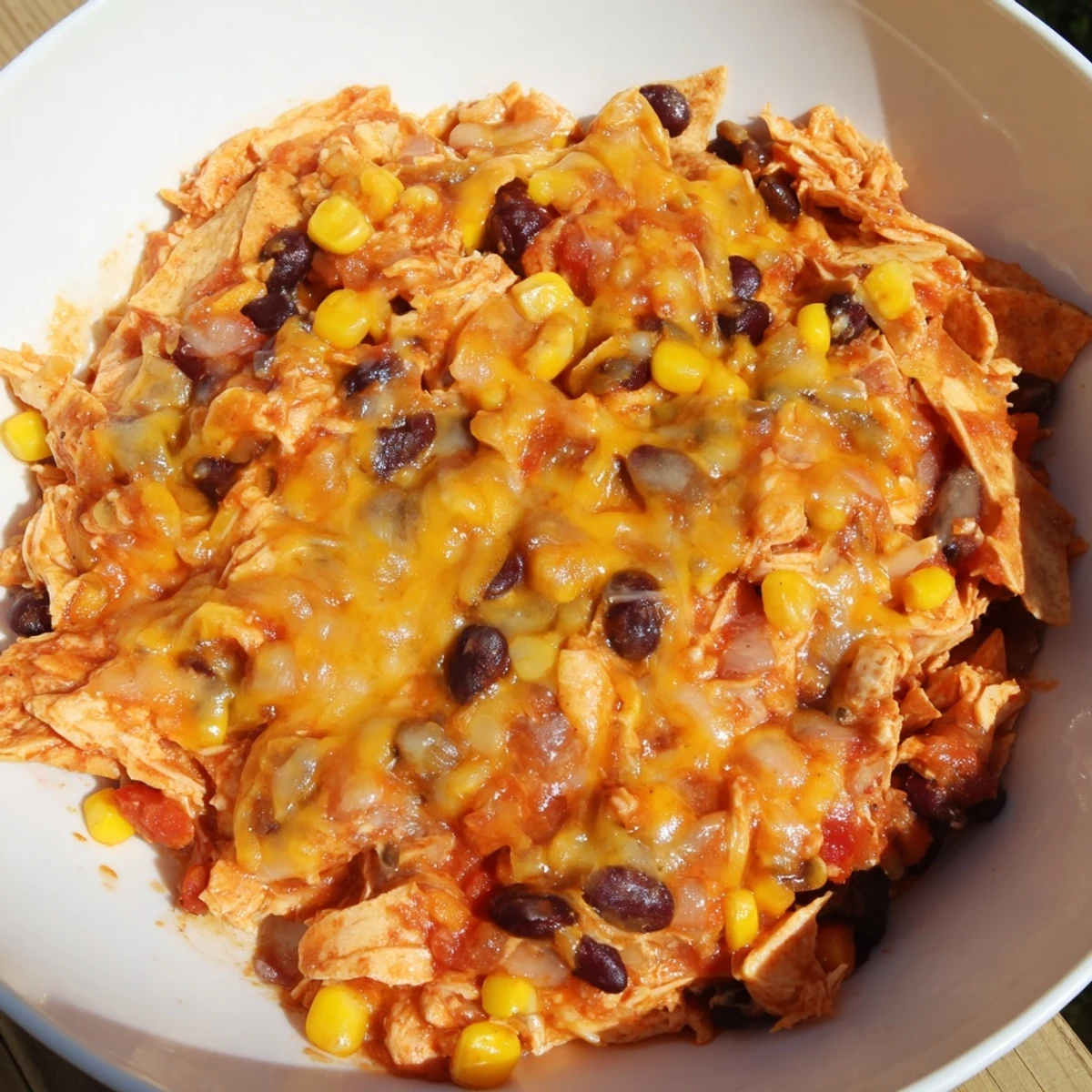 Close-up of a layered Chicken Enchilada Casserole, showing tender chicken and melted cheese, perfect for dinner.