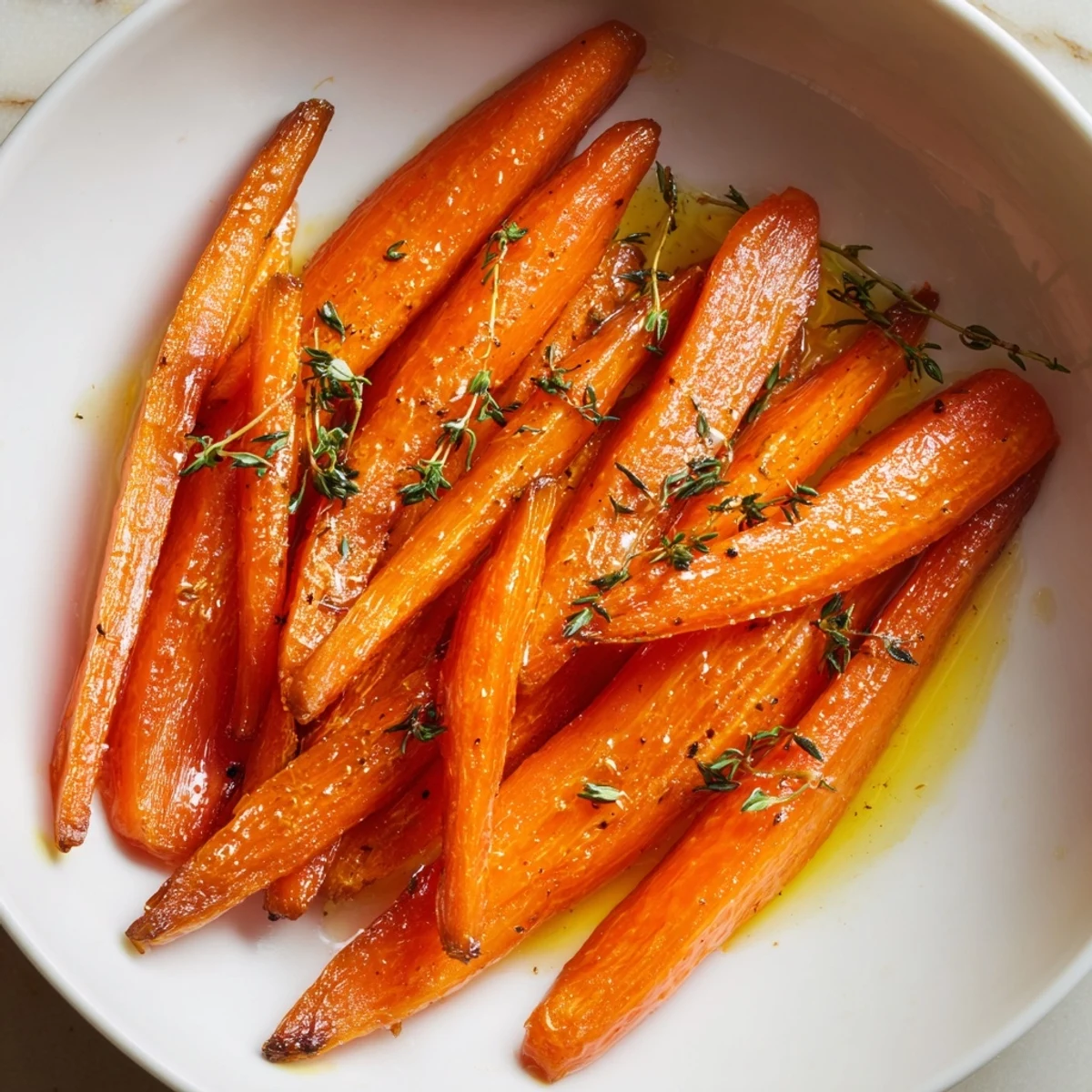 A close-up of vibrant Roasted Carrots with Honey and Thyme, a warm honey glaze.