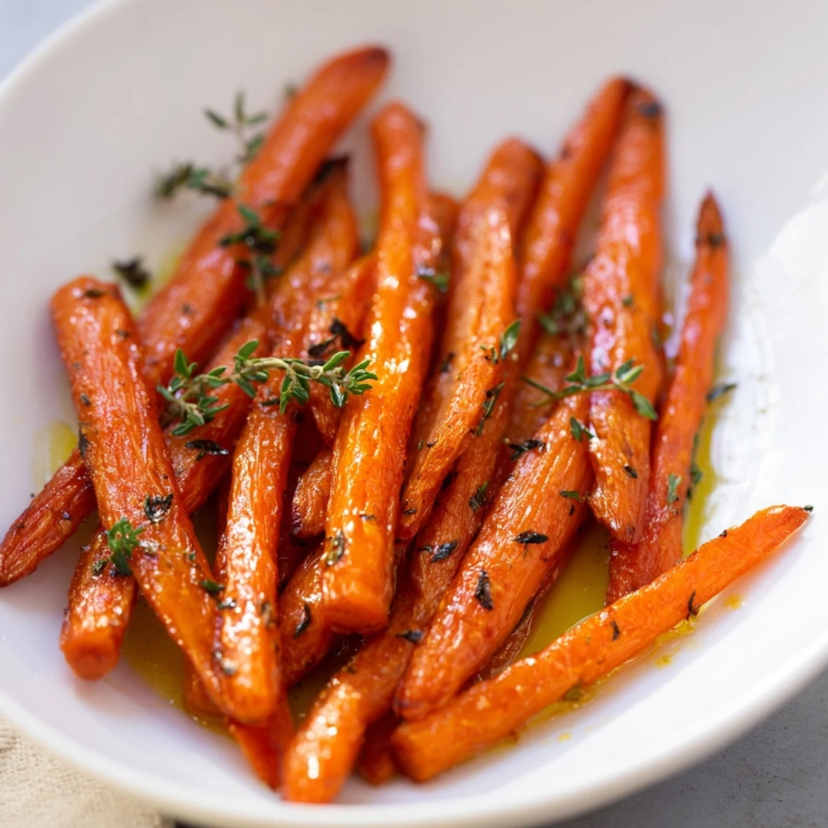Perfectly roasted side of Roasted Carrots with Honey and Thyme, drizzled with lemon juice.