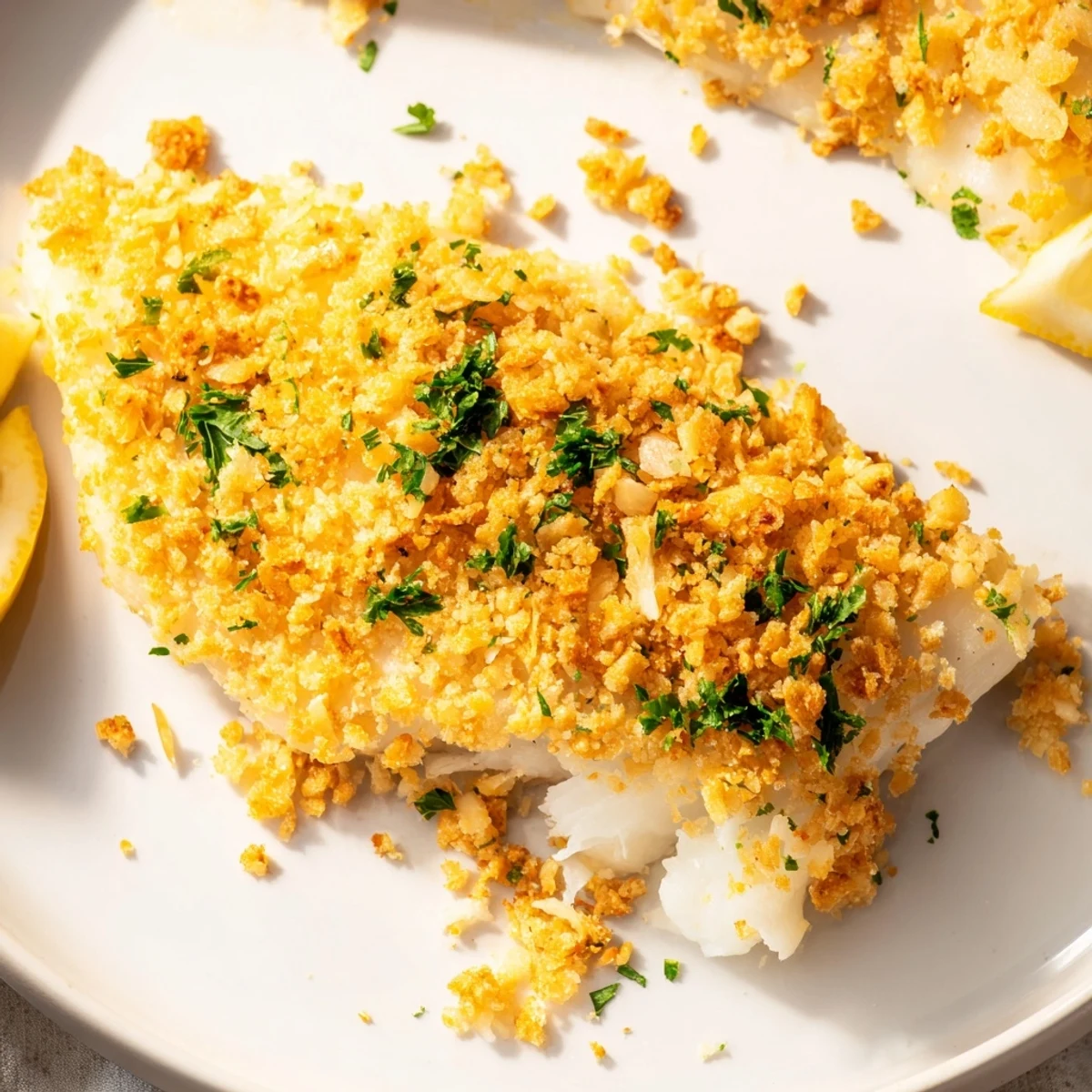 Golden-brown Baked Cod with Cracker Crumb Topping, ready to serve with lemon wedges.