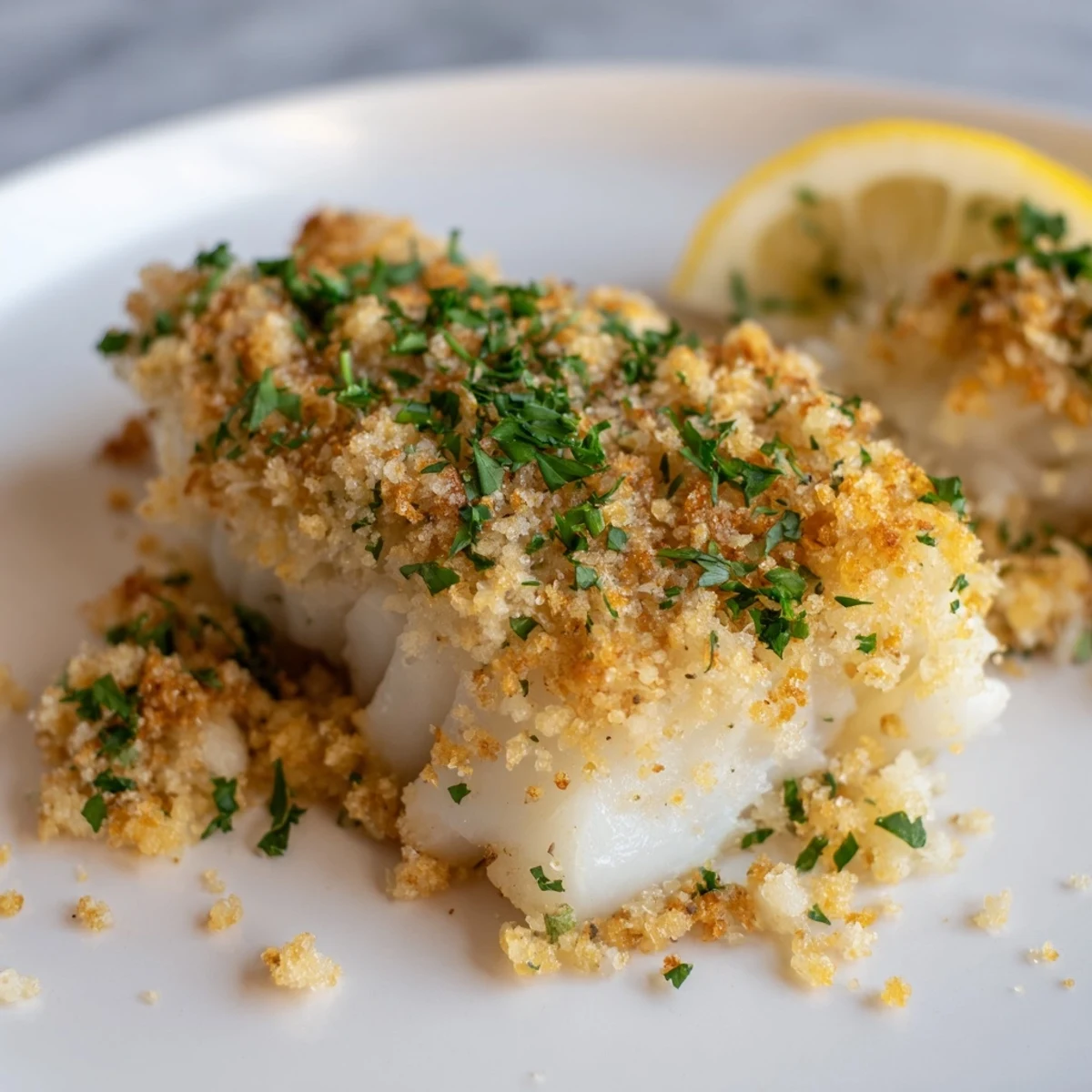 Flaky, baked cod fillets under a crispy, buttery cracker-crumb crust; a comforting meal.