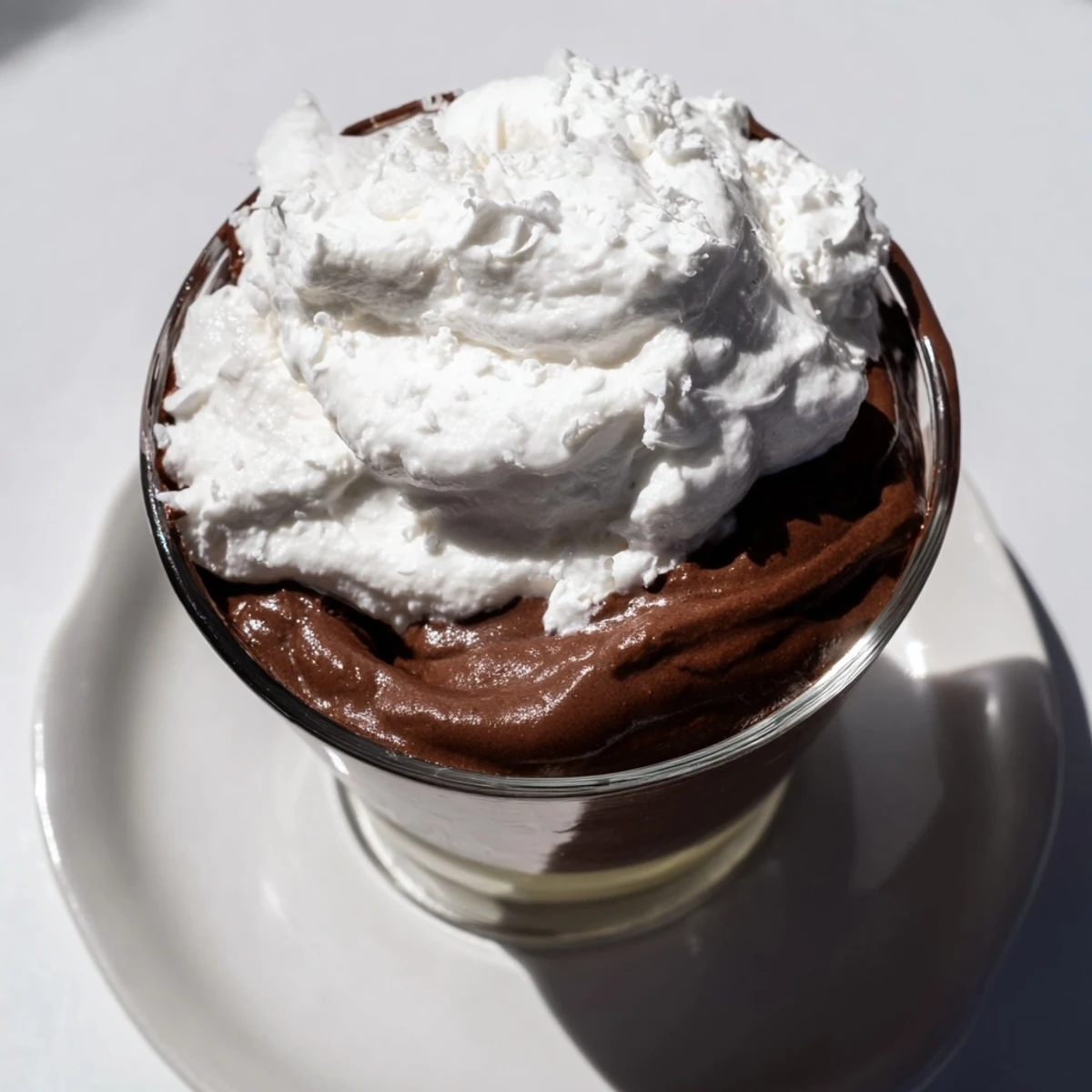 Fluffy whipped cream swirls atop a rich chocolate mousse, showcasing an exquisite dessert.