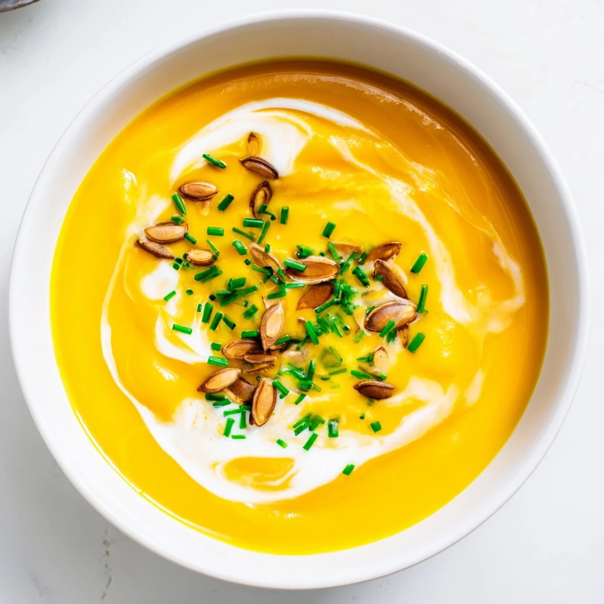 Creamy Winter Squash Soup with Apple, garnished with herbs and cream, smells of warm spices.