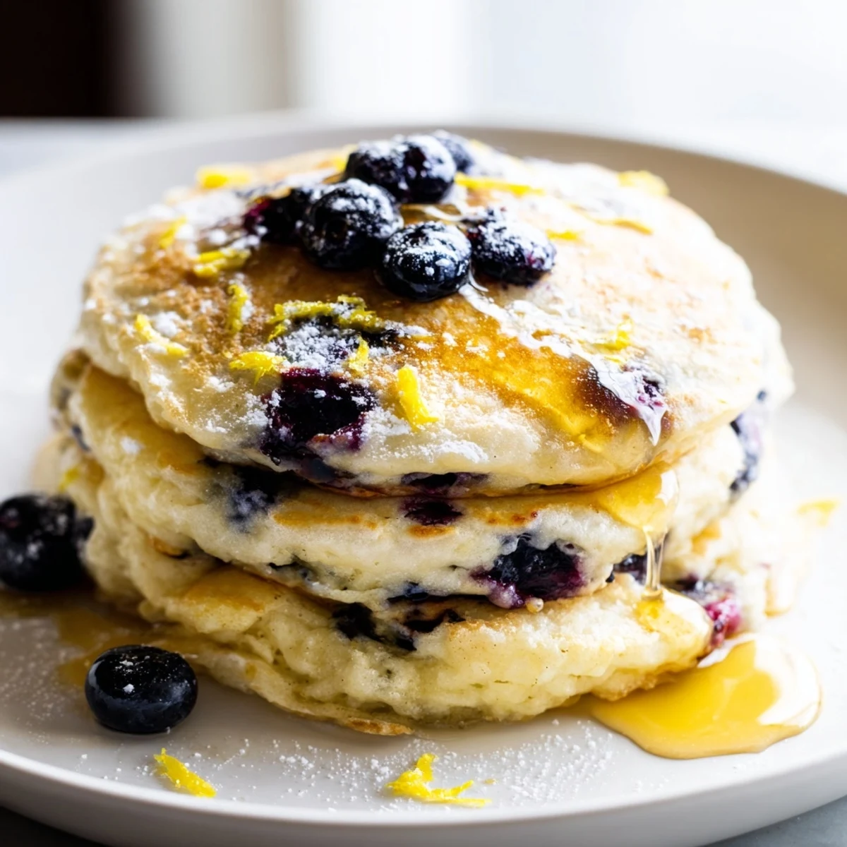 Warm Lemon Blueberry Pancakes, offering a delightful breakfast with sweet blueberries and butter.