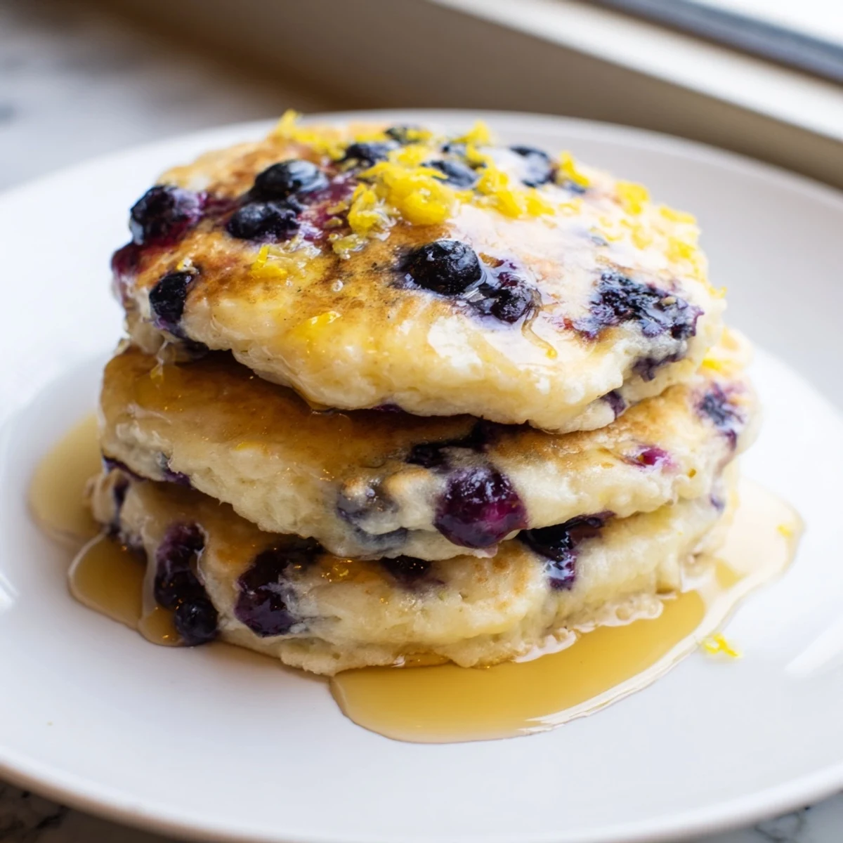 Golden, slightly browned Lemon Blueberry Pancakes with fresh blueberries and a decadent syrup topping.