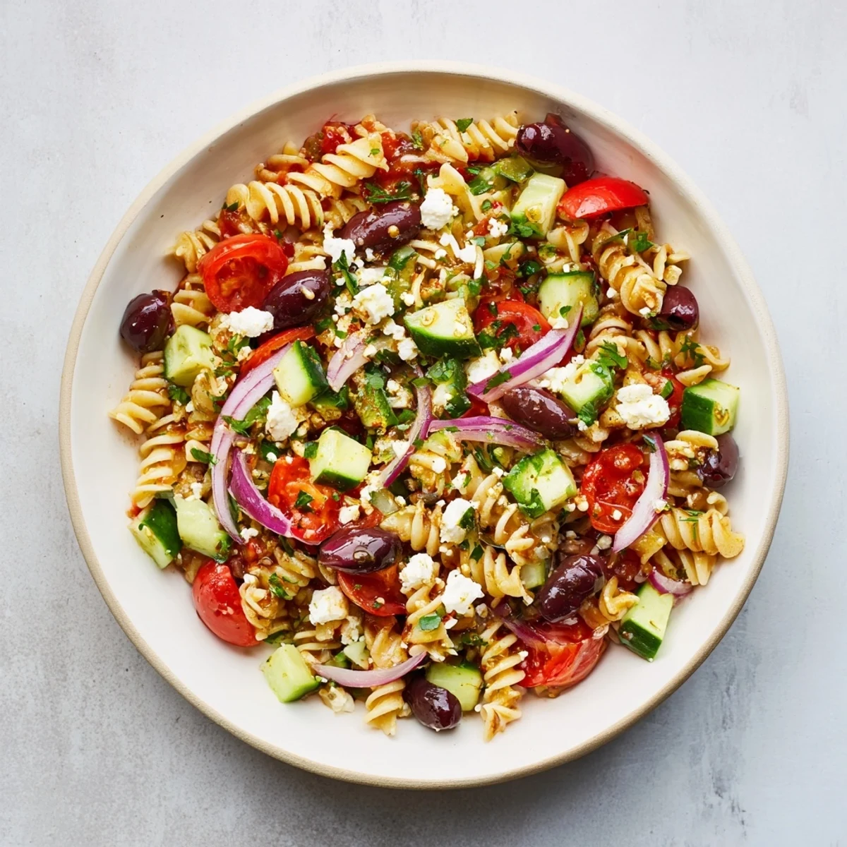 A colorful Mediterranean Pasta Salad, showcasing olives, fresh herbs and vegetables in a zesty dressing.
