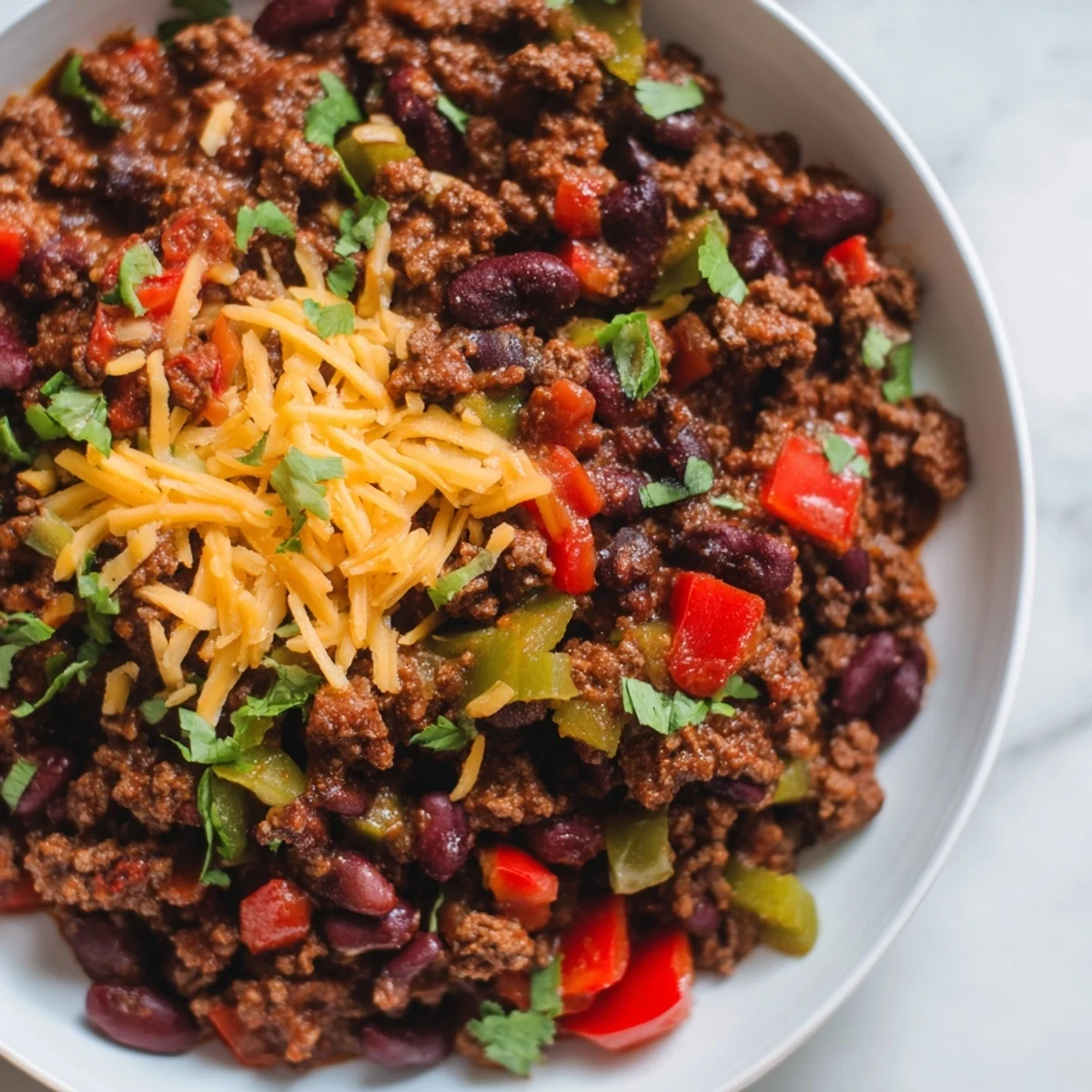A steaming bowl of Slow Cooker Chili with ground beef topped with fresh cilantro and cheese.