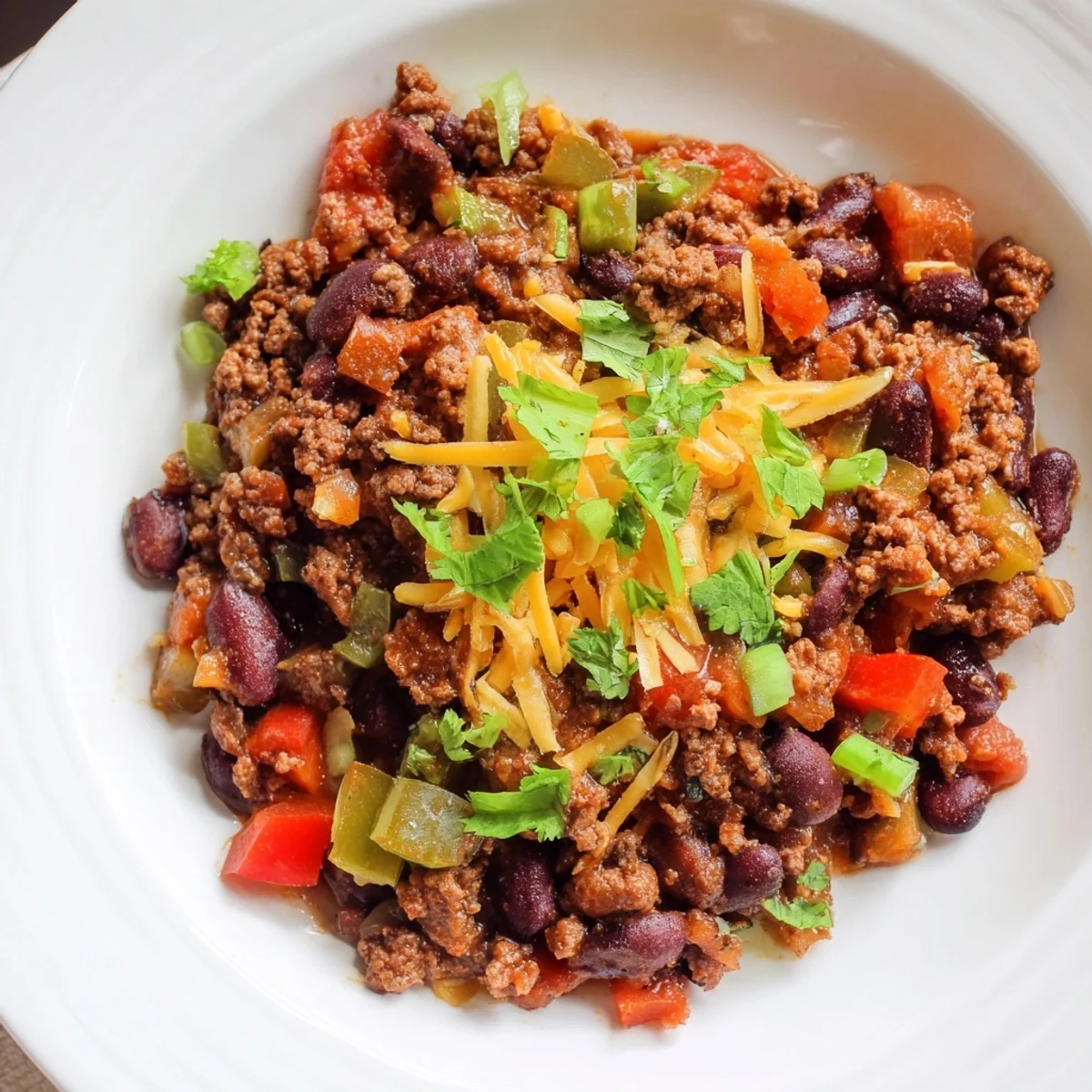 This savory Slow Cooker Chili with ground beef features hearty beans, tomatoes, and aromatic spices ready to eat.