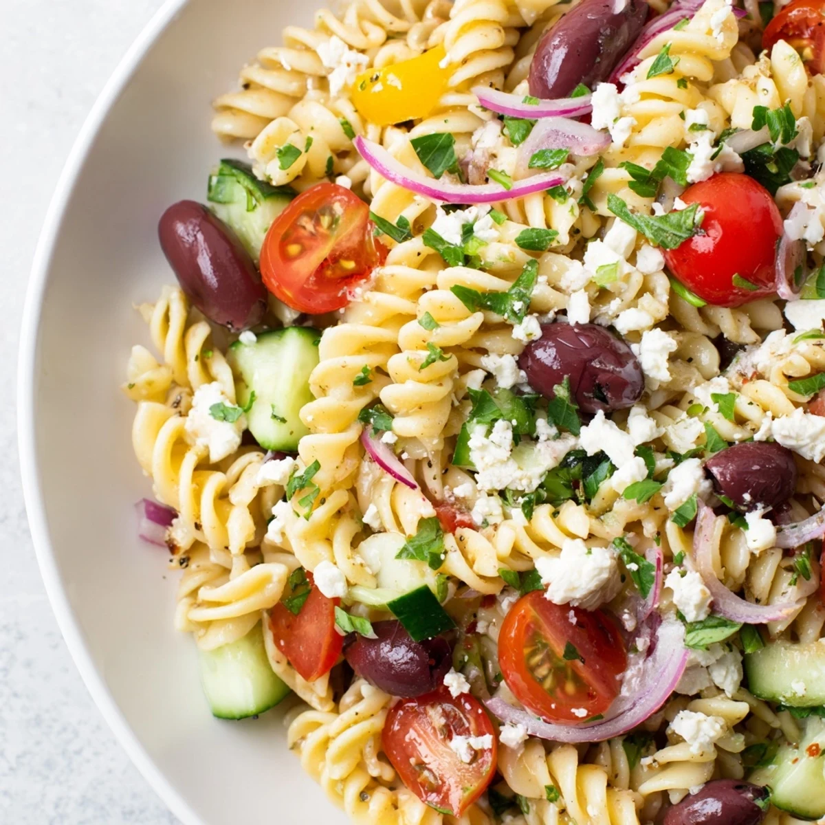A colorful Mediterranean Pasta Salad, showcasing olives, fresh herbs and vegetables in a zesty dressing.