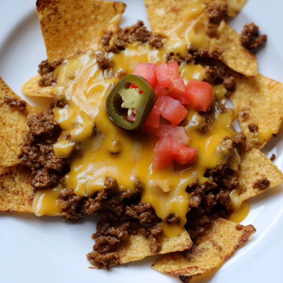 Golden melted cheese stretches over seasoned ground beef and spicy jalapeno slices on crispy nachos. These beef nachos with jalapenos and melted cheese are served with sour cream.