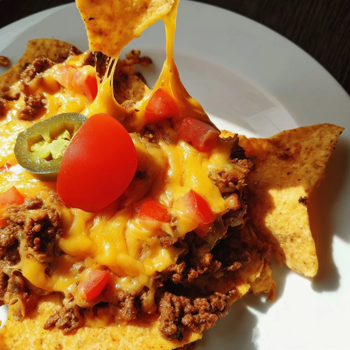 Hot beef nachos with jalapenos and melted cheese are bubbling fresh from the oven. The loaded chips are topped with fresh tomatoes, green onions, and cilantro for color.