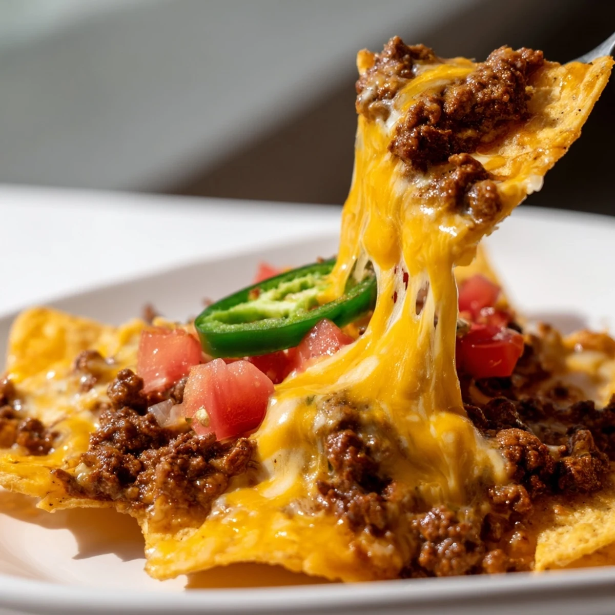 A close-up shows loaded beef nachos with jalapenos and melted cheese. Fresh toppings and a side of guacamole make this Tex-Mex appetizer irresistible for game day.