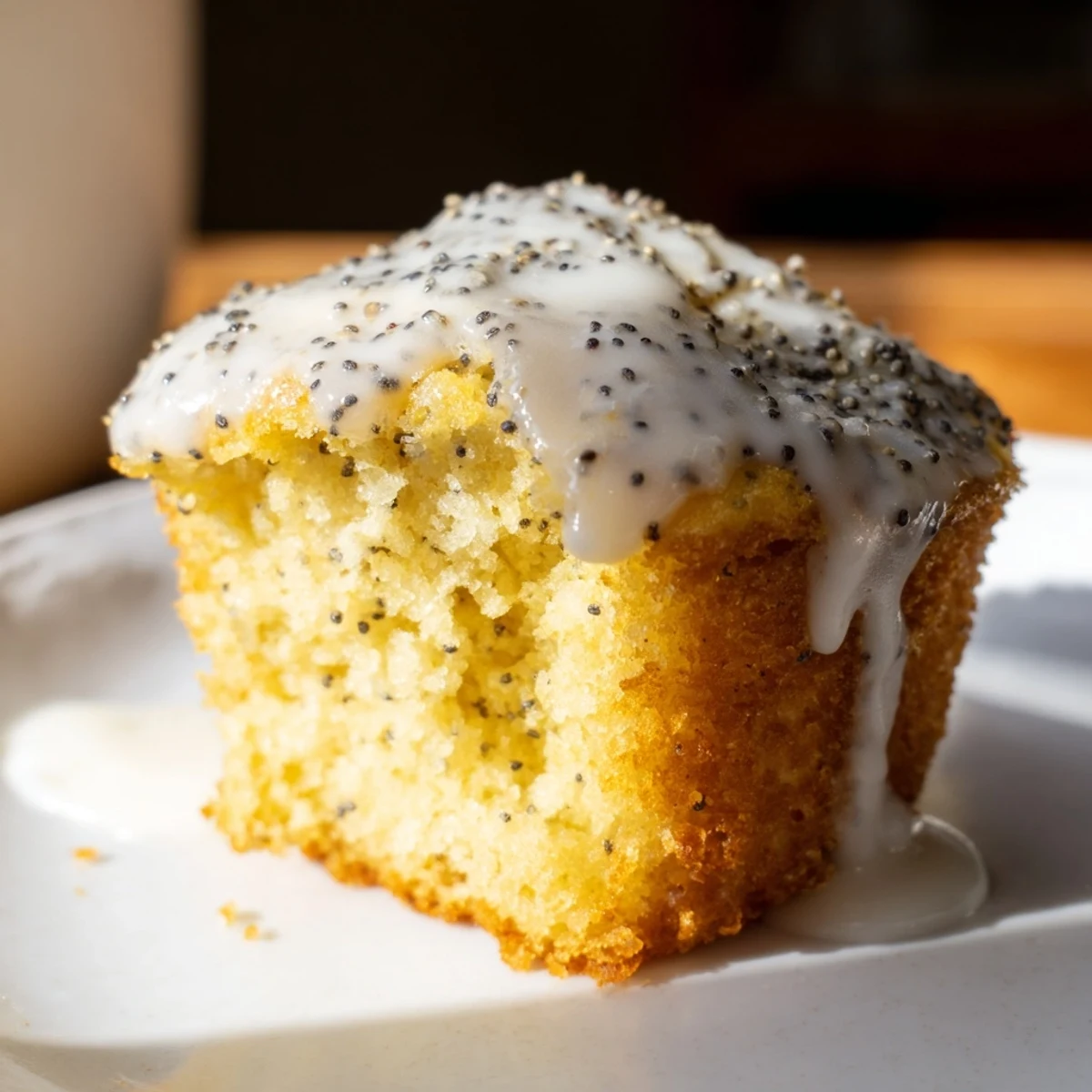 Bright Lemon Poppy Seed Muffins with Lemon Glaze are stacked on a white plate with fresh lemon slices nearby.
