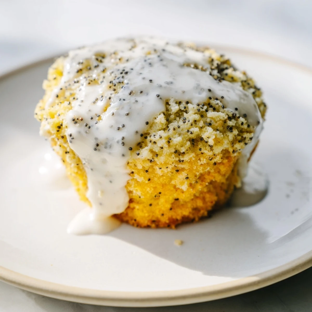 Close-up of a moist Lemon Poppy Seed Muffin with Lemon Glaze revealing a tender crumb full of poppy seeds.