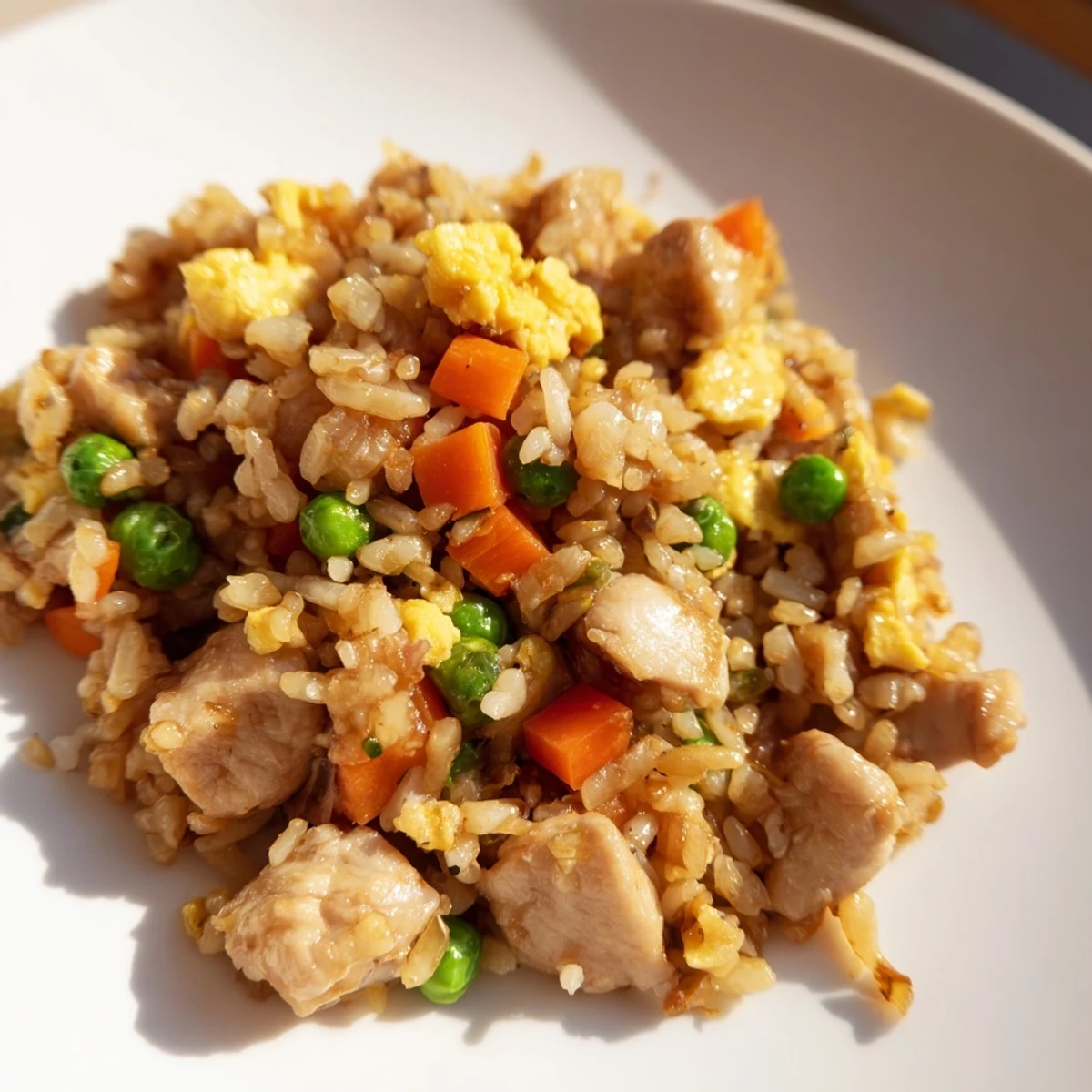 Golden-brown chicken, fluffy jasmine rice, and bright peas and carrots are stir-fried in a savory sauce in this Chicken Fried Rice.