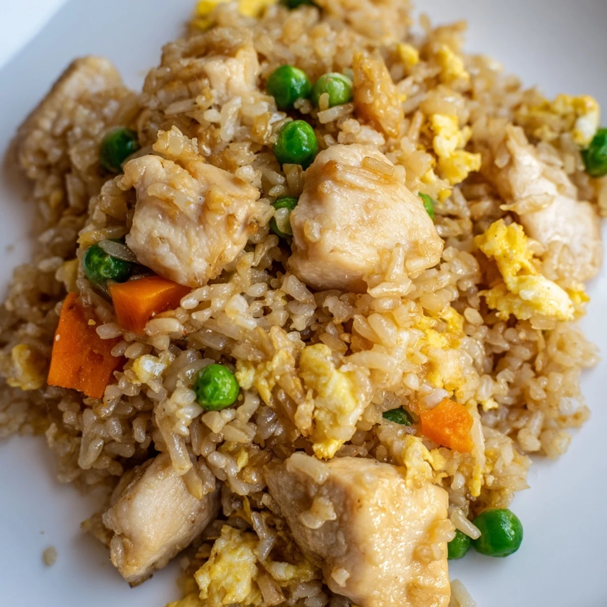 A close-up shows tender chicken and colorful vegetables mixed into a wok of this delicious Chicken Fried Rice with peas and carrots.