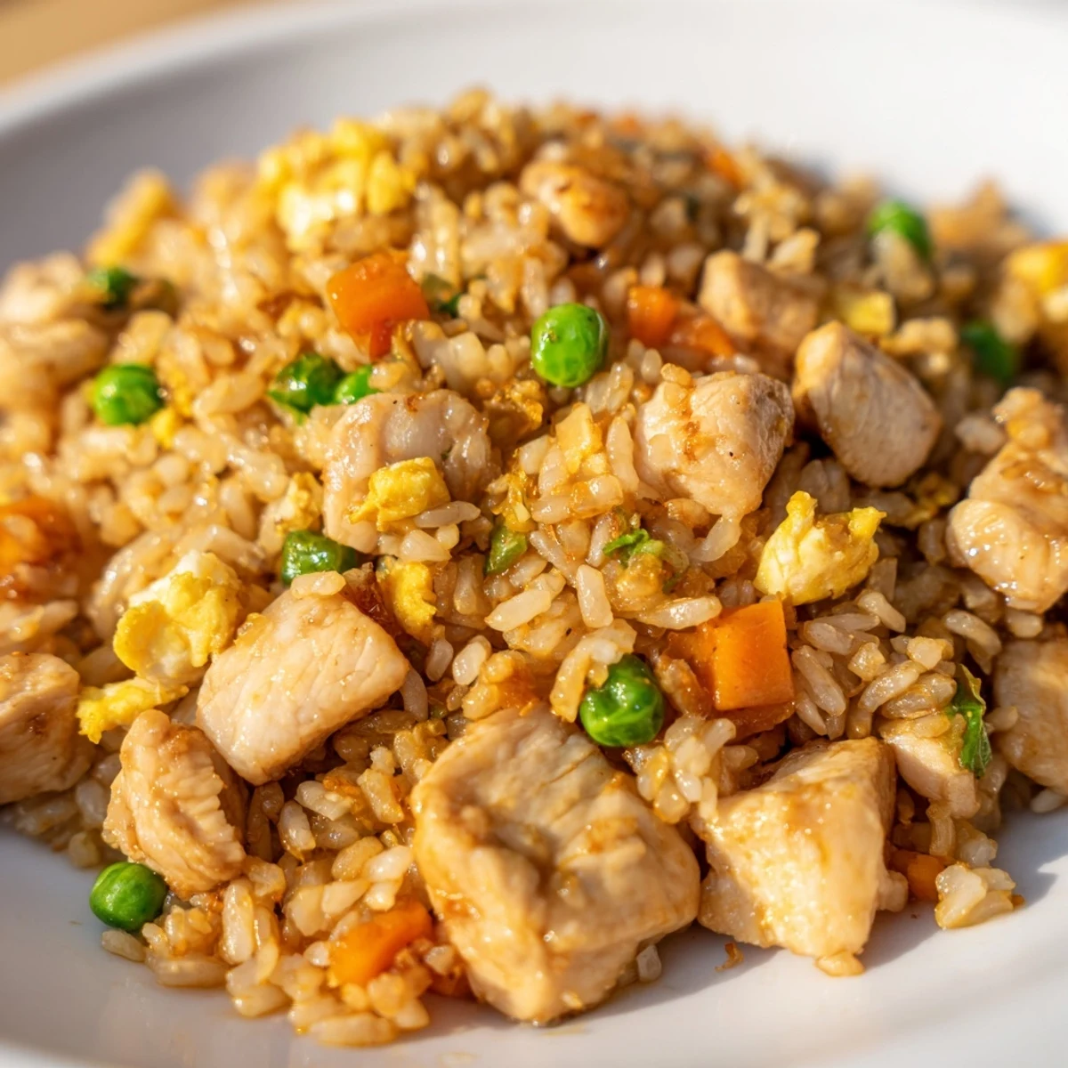 Savory Chicken Fried Rice with peas and carrots is served steaming hot, garnished with fresh green onions for a classic takeout meal.