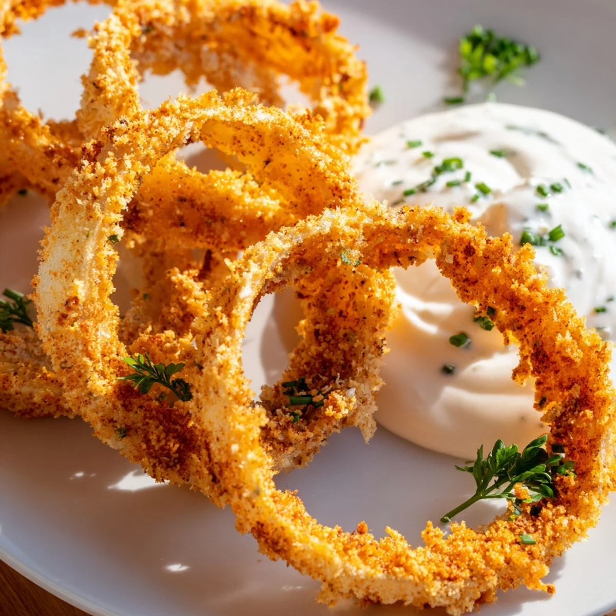 Crispy Baked Onion Rings with Ranch Dressing resting on a rustic platter, showcasing the crunchy panko coating and the fresh green herbs in the dip.