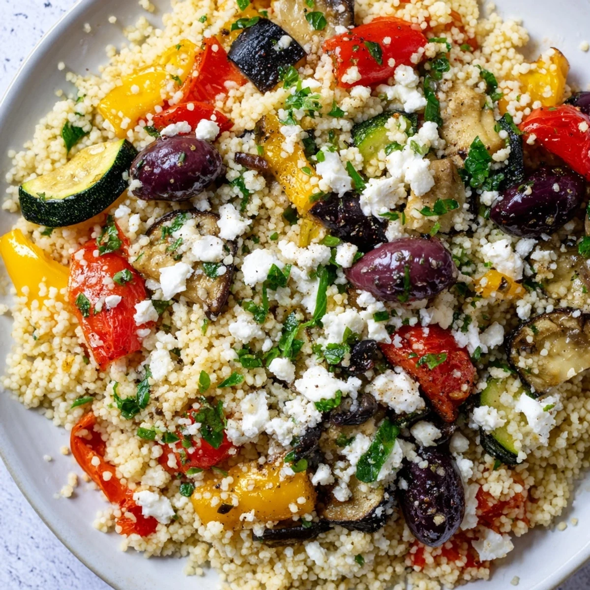 Freshly roasted zucchini, bell peppers, and eggplant mingle with fluffy couscous, feta, and Kalamata olives in this colorful Mediterranean Couscous Salad. 