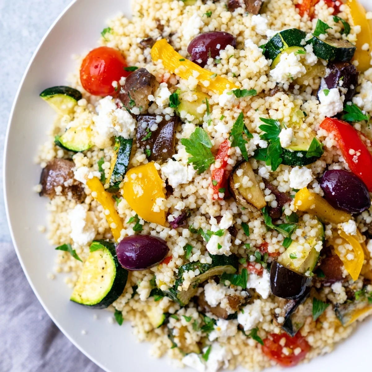 A zesty lemon-oregano dressing coats every grain of couscous in this vibrant Mediterranean Couscous Salad, perfect for a light lunch or potluck side. 
