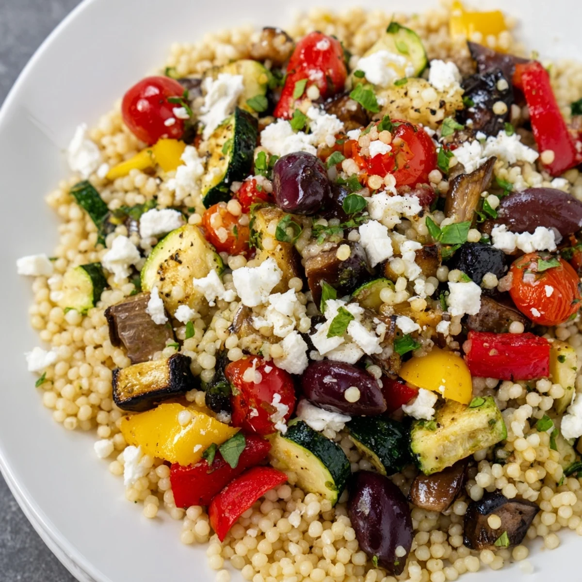 Chopped tomatoes, fresh herbs, and savory roasted vegetables create a refreshing Mediterranean Couscous Salad ready in under 45 minutes.