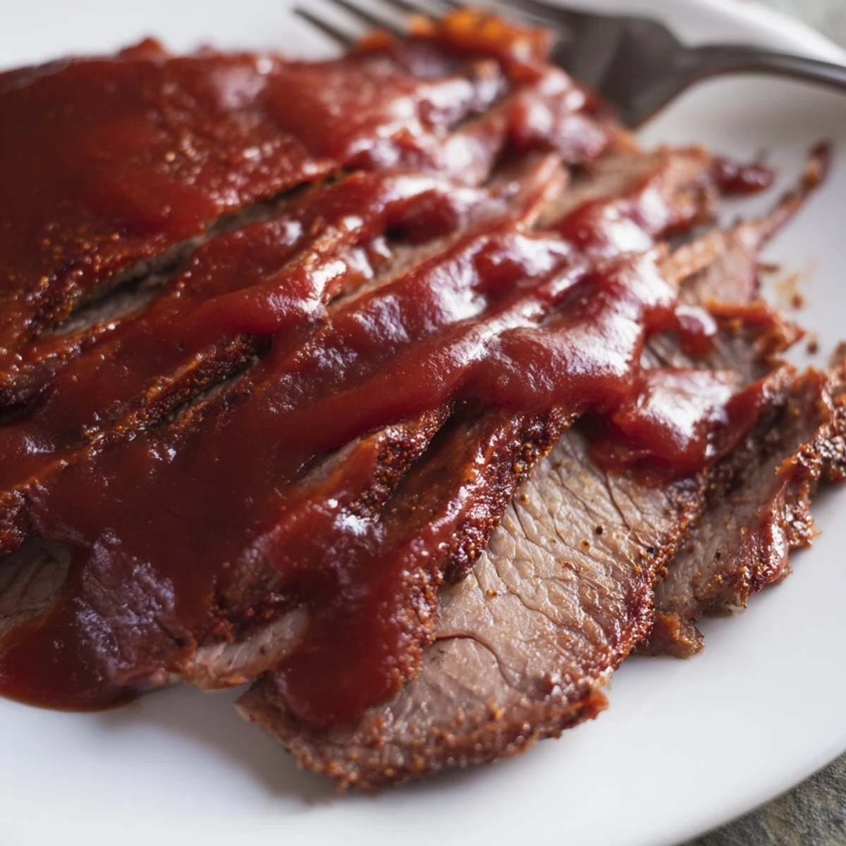 Slow Cooker Beef Brisket with BBQ Sauce, tender and sliced, served on a sandwich bun with creamy coleslaw.