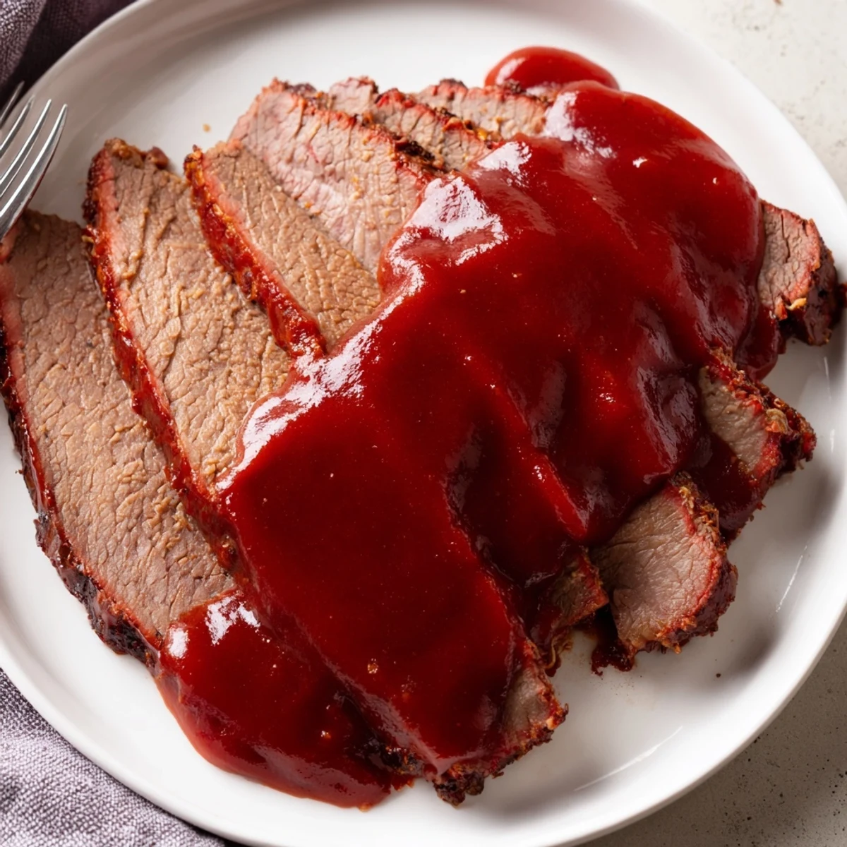 Slow Cooker Beef Brisket with BBQ Sauce glazing the meat, paired with pickles for a classic American family meal.