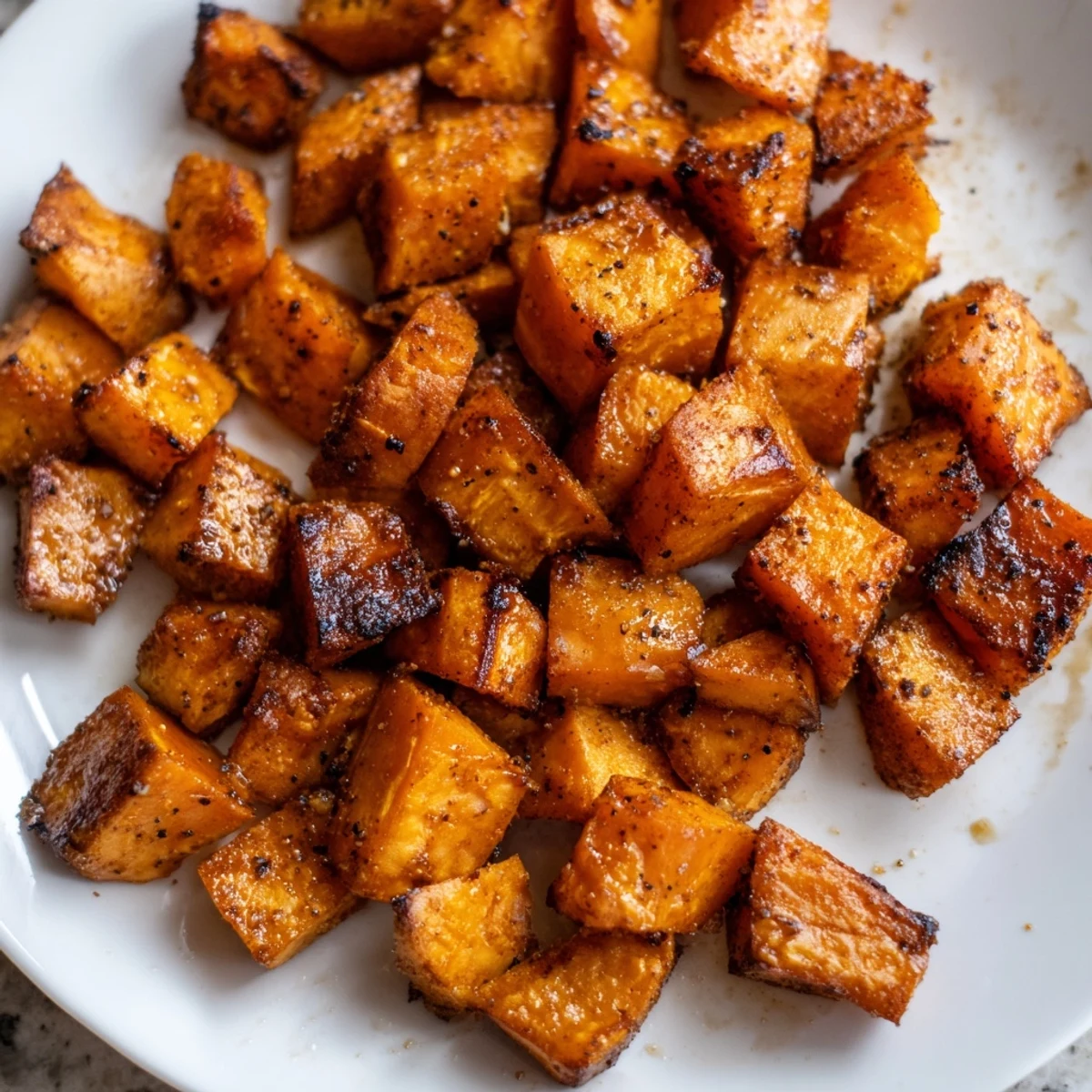 Freshly roasted sweet potatoes with cinnamon and brown sugar, glistening with caramelized edges on a white plate.