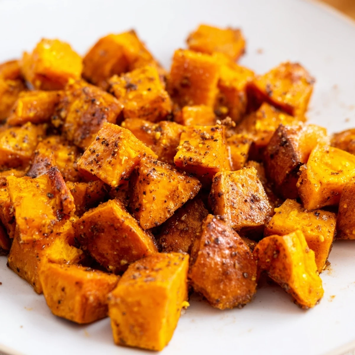 Cinnamon and brown sugar roasted sweet potatoes in a rustic bowl, perfect alongside roasted chicken for dinner.