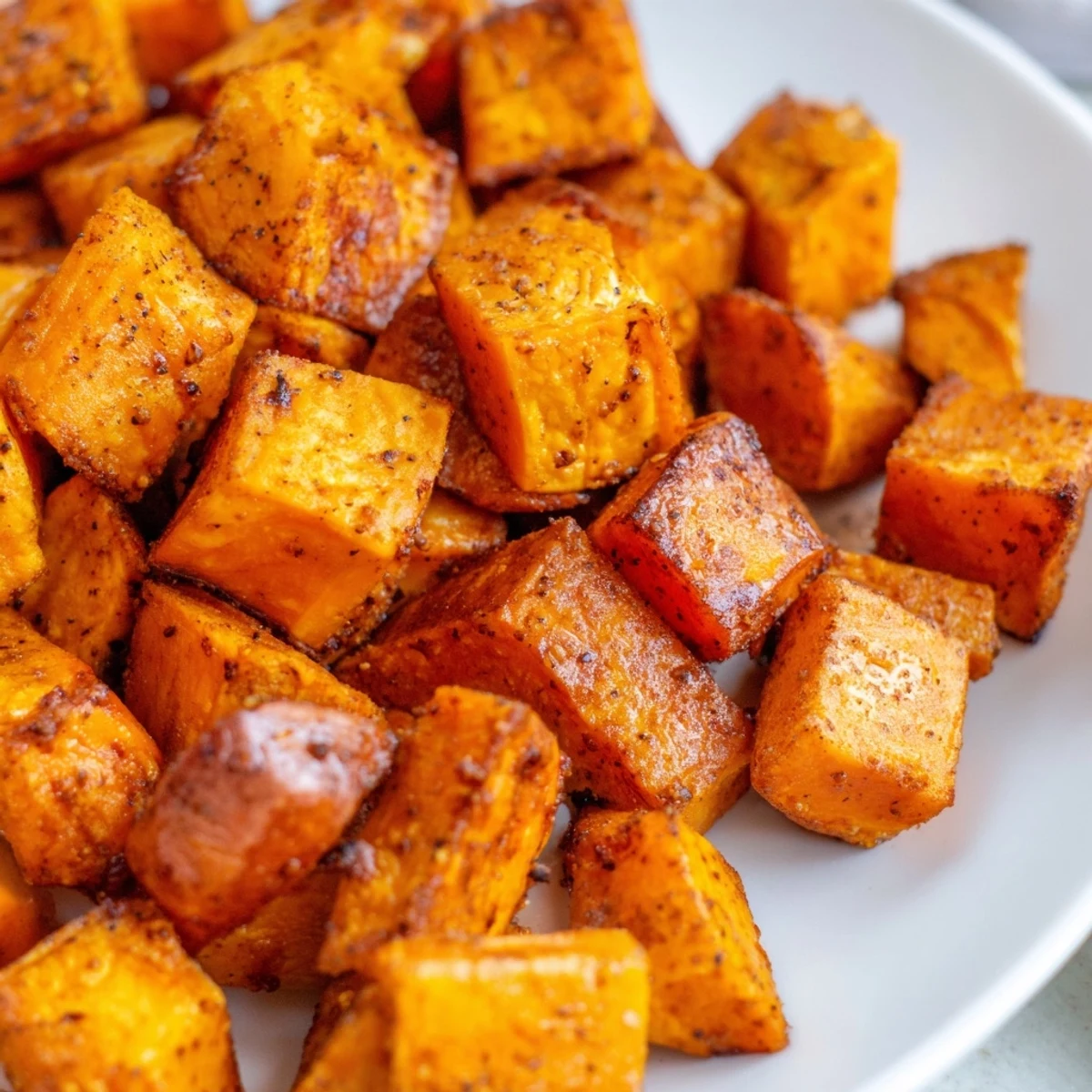 Golden, caramelized Roasted Sweet Potatoes with Cinnamon and Brown Sugar garnished with fresh herbs on a baking sheet.