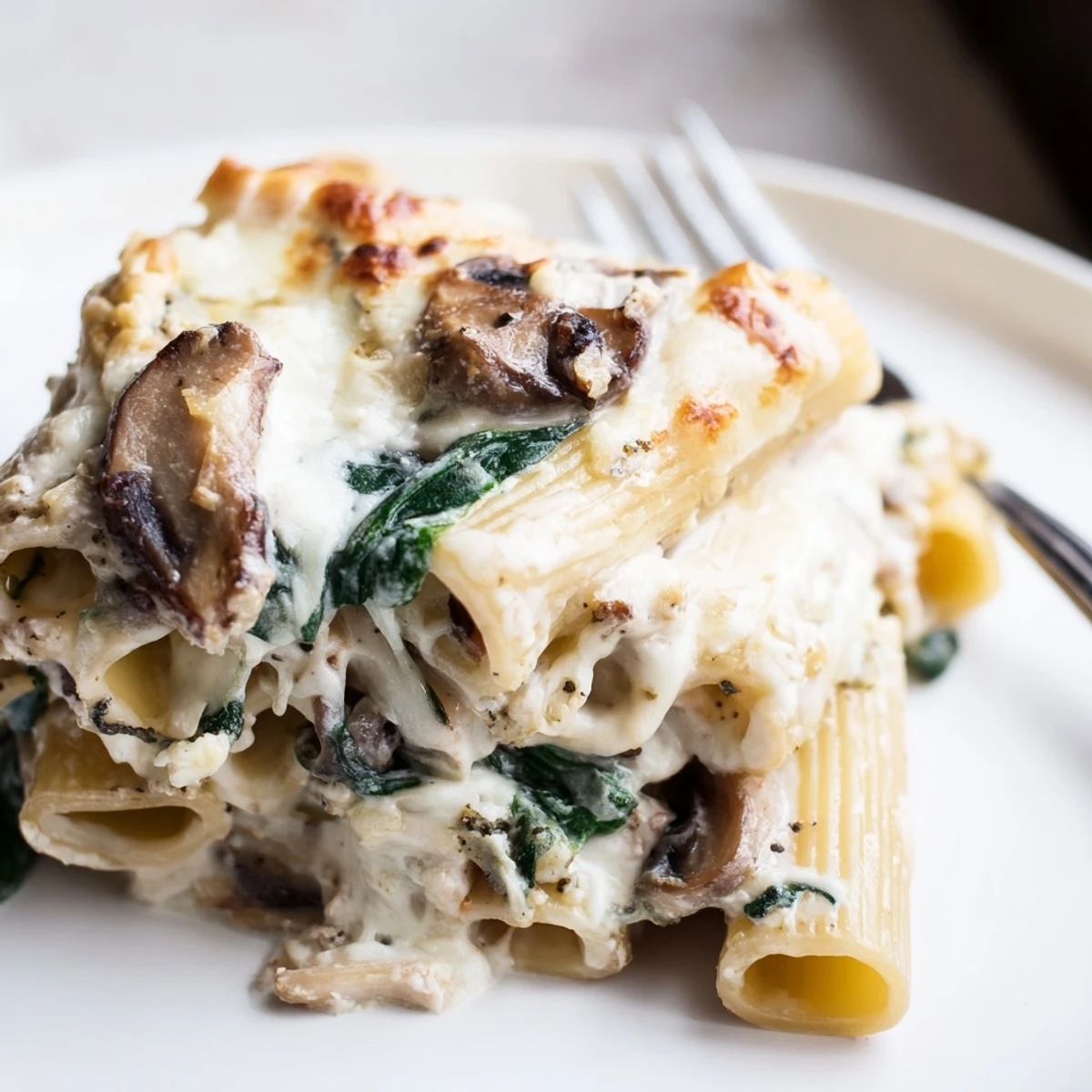 Golden, bubbly mozzarella and Parmesan top a creamy mushroom and spinach pasta bake, fresh from the oven.
