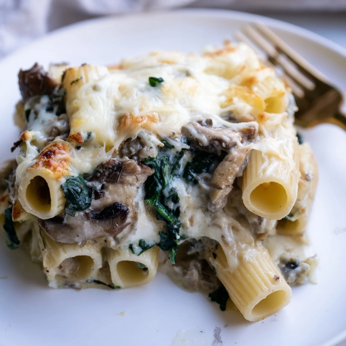 Close-up view of a creamy mushroom and spinach pasta bake, showing tender penne and wilted spinach in a rich sauce.