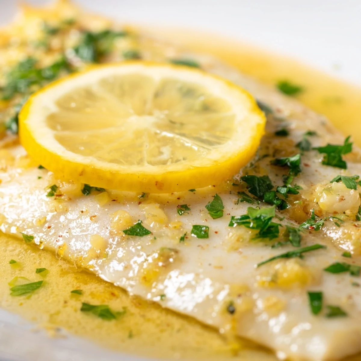 Freshly baked tilapia fillets in lemon butter and garlic glisten with golden juices on a white plate with lemon wedges.