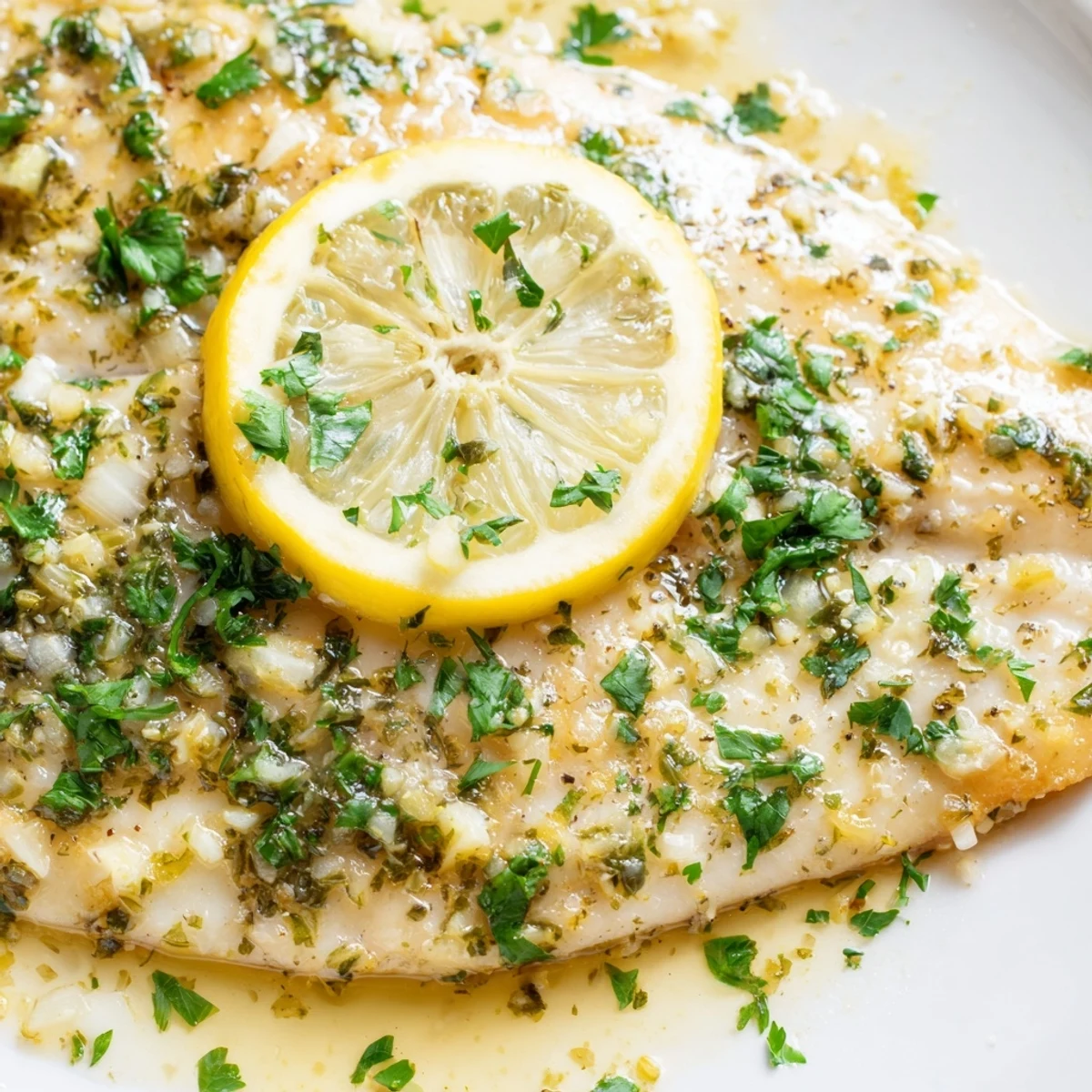 Golden Baked Tilapia with Lemon Butter and Garlic served over fluffy rice with fresh parsley garnish and steamed green beans.