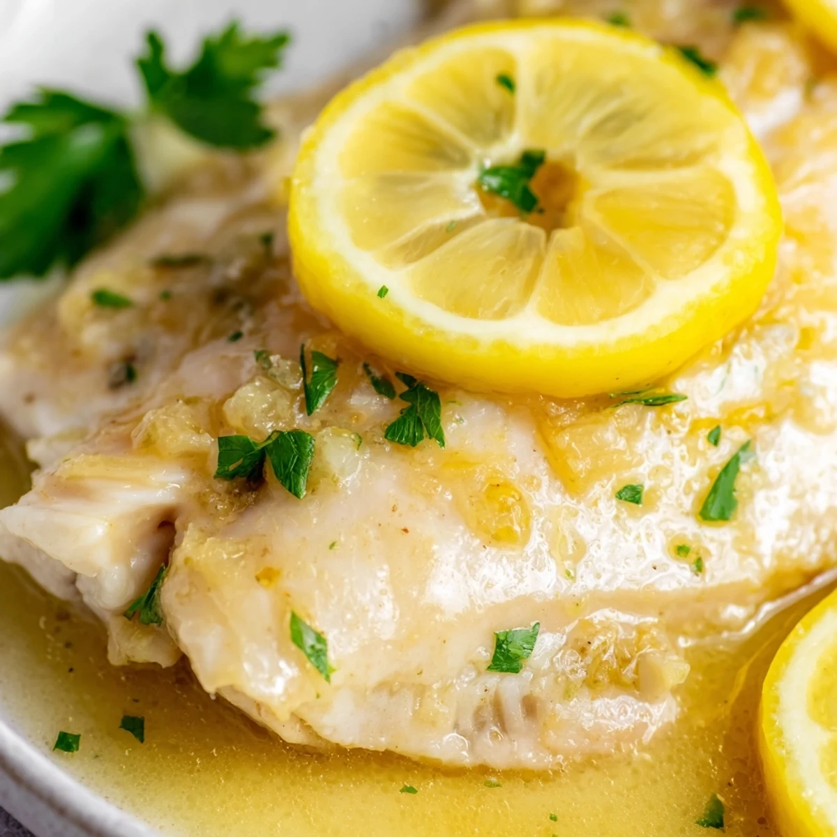 Flaky, tender Baked Tilapia with Lemon Butter and Garlic garnished with parsley in a white ceramic baking dish, ready to serve.