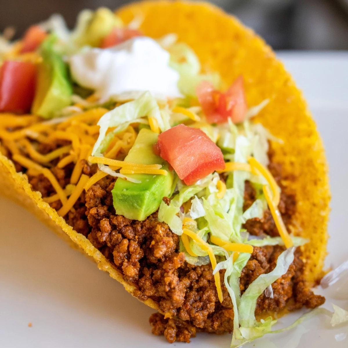 Golden crispy hard-shell beef tacos filled with savory meat, diced tomatoes, and creamy avocado, served with zesty lime wedges.