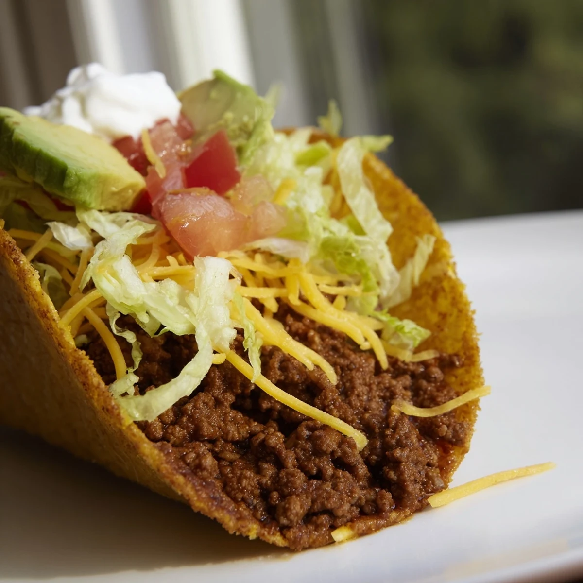 Freshly baked hard-shell tacos loaded with seasoned ground beef, shredded cheddar, and crisp lettuce for a classic family meal.