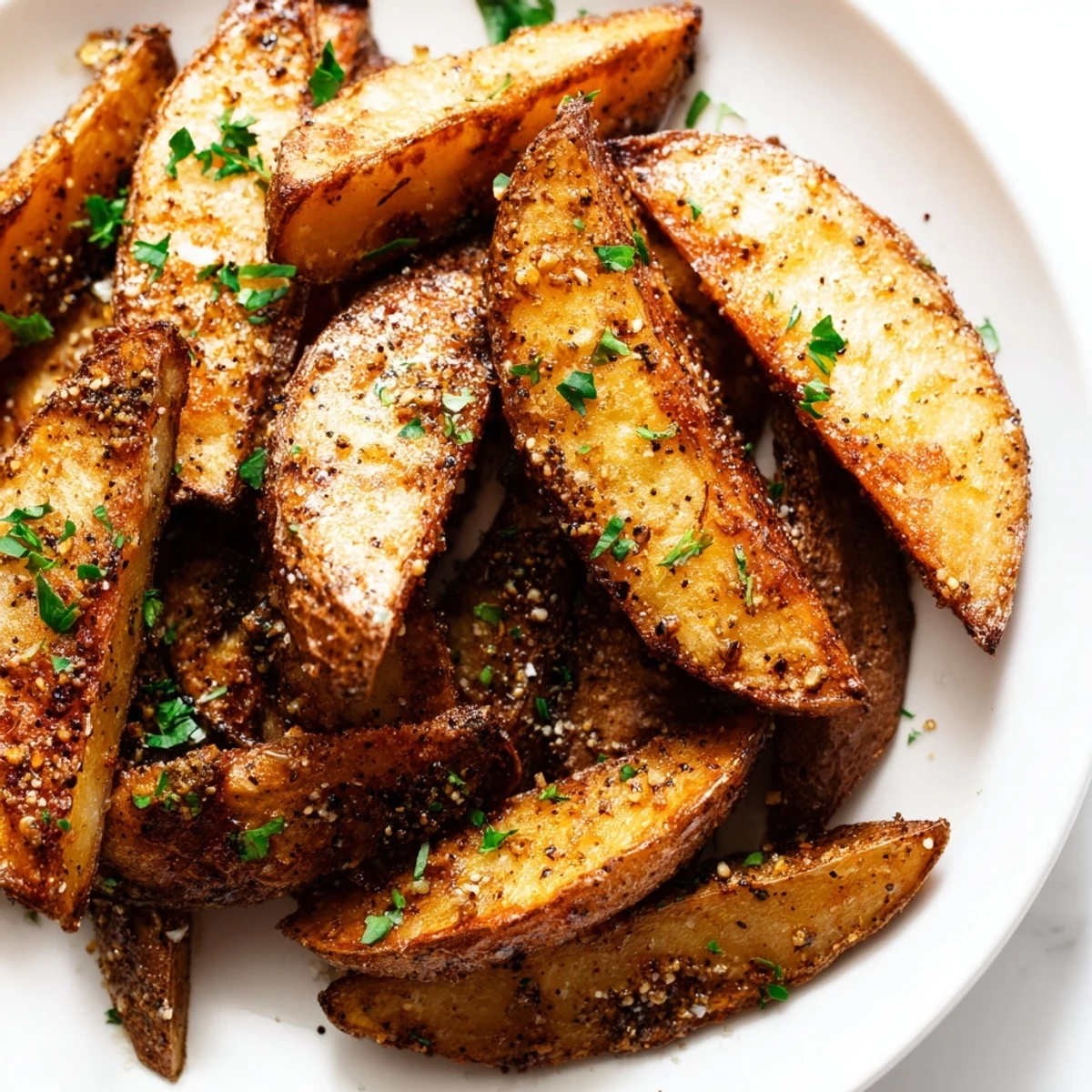 Freshly baked Crispy Oven Baked Potato Wedges with Herbs arranged on a rustic platter, garnished with bright green parsley for a pop of color.