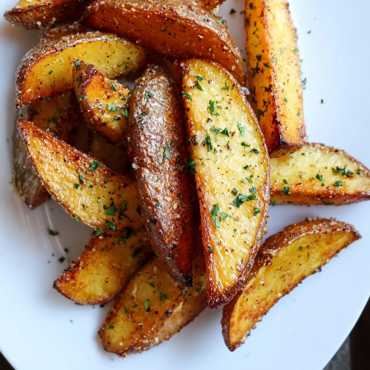 A close-up of Crispy Oven Baked Potato Wedges with Herbs served with a small bowl of creamy dipping sauce, ready to be enjoyed.