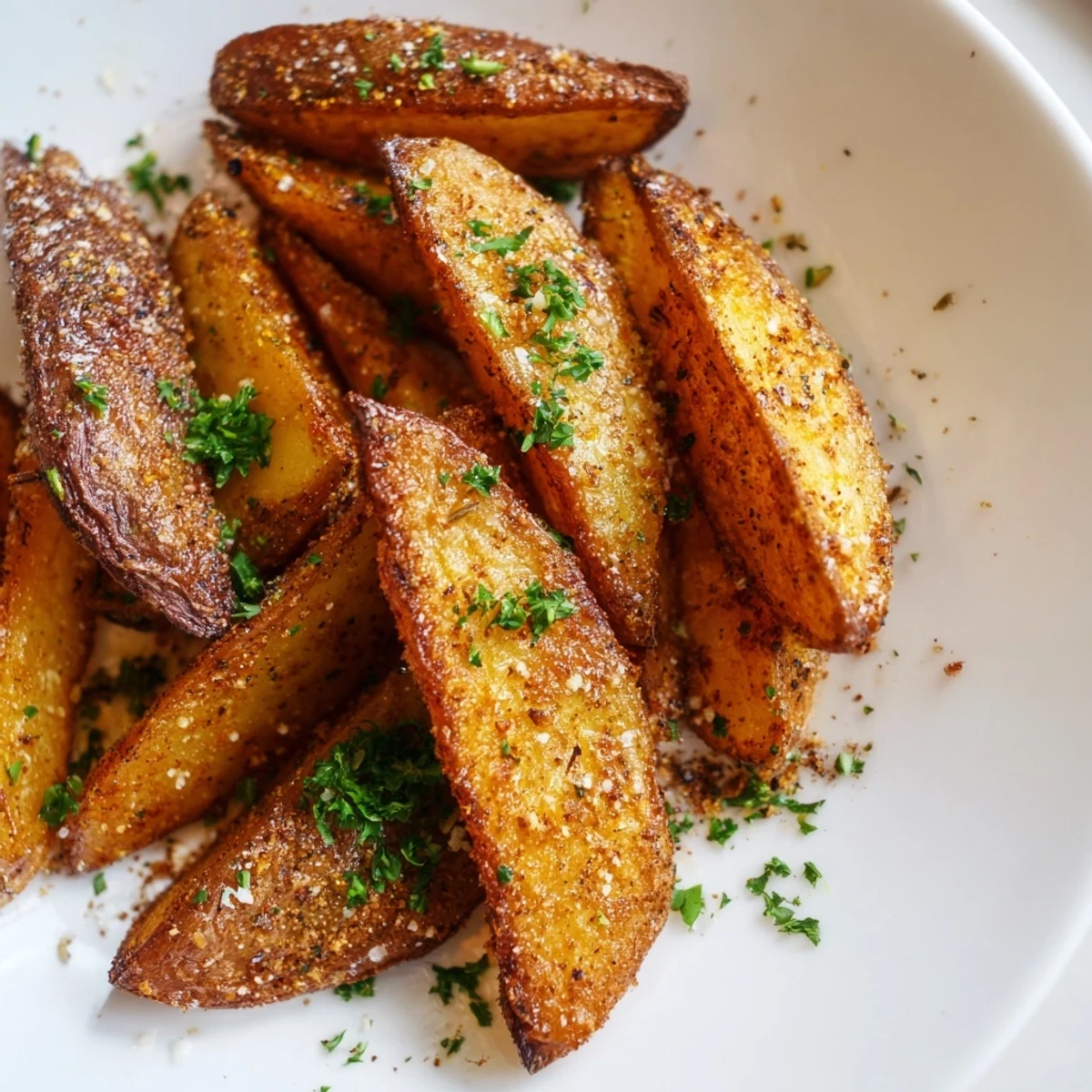 Golden brown Crispy Oven Baked Potato Wedges with Herbs cooling on a wire rack, showing off their seasoned, crunchy skins and fluffy interiors.