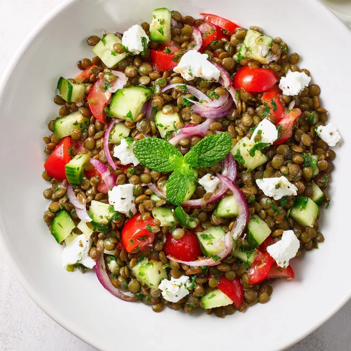 Fresh Mediterranean Lentil Salad with feta cheese, diced veggies, and herbs in a white bowl, ready to serve.