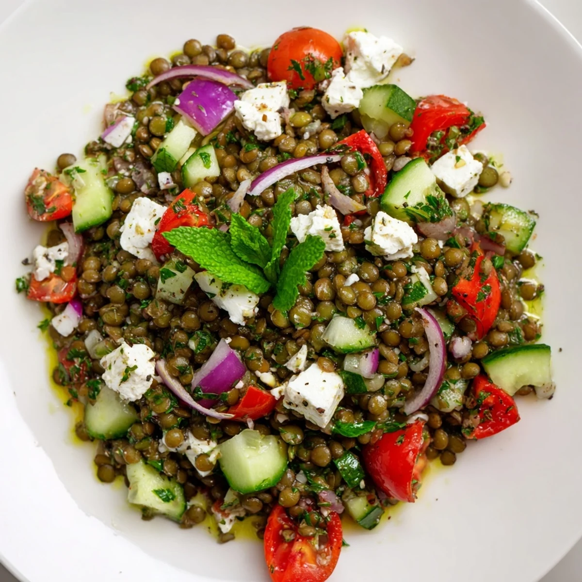 Colorful Mediterranean Lentil Salad with feta, cherry tomatoes, cucumber, and zesty lemon-oregano dressing for a light lunch.