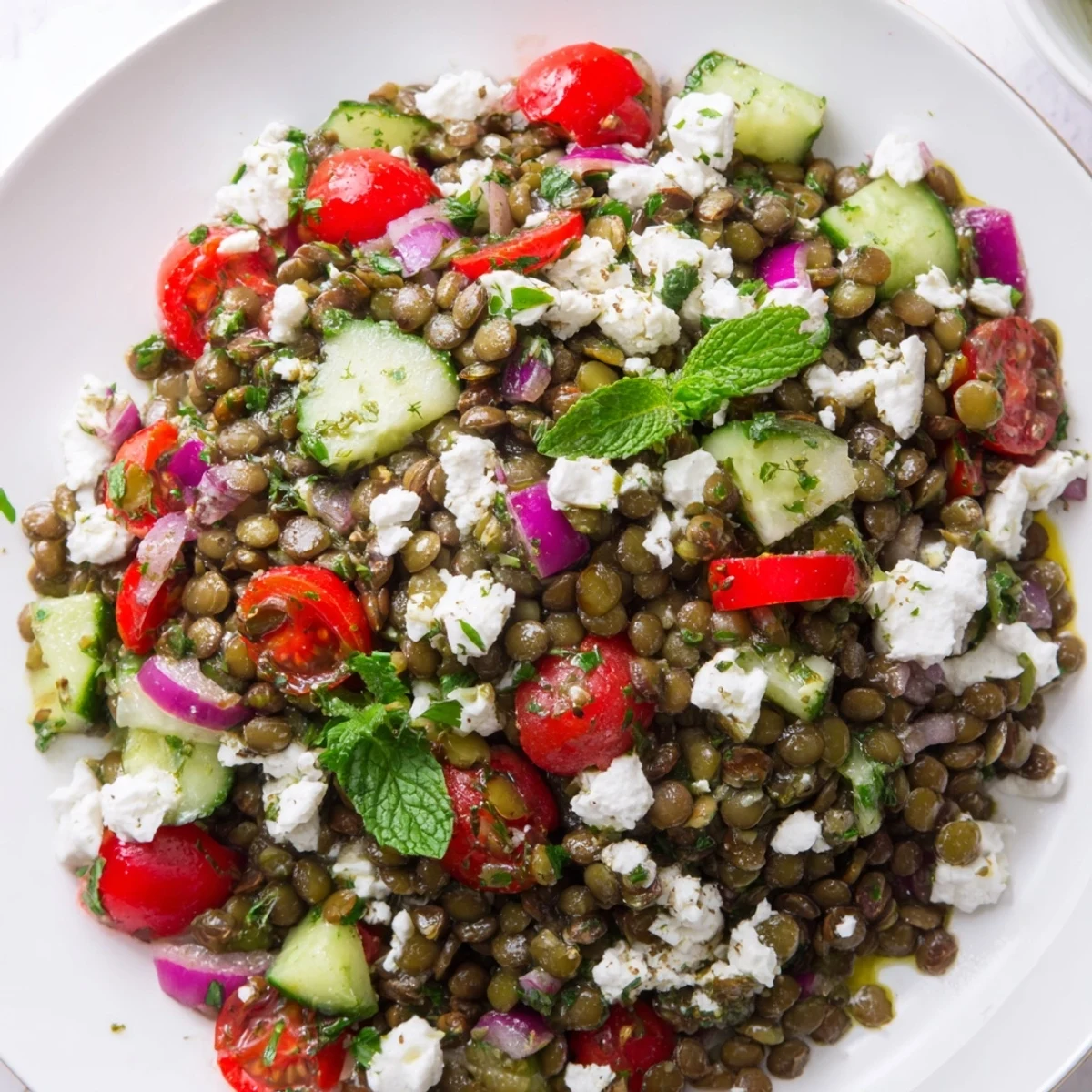 Close-up Mediterranean Lentil Salad with crumbled feta, tender lentils, and chopped parsley, served on a rustic table.