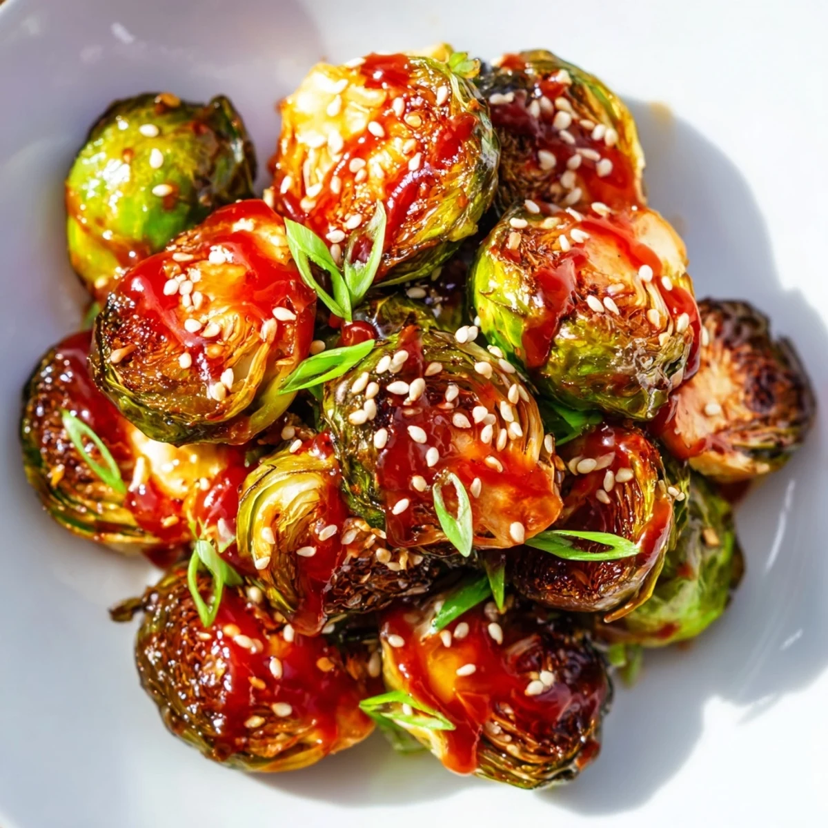 Roasted Brussels Sprouts with Honey Sriracha garnished with sesame seeds, paired with grilled chicken for a hearty dinner.