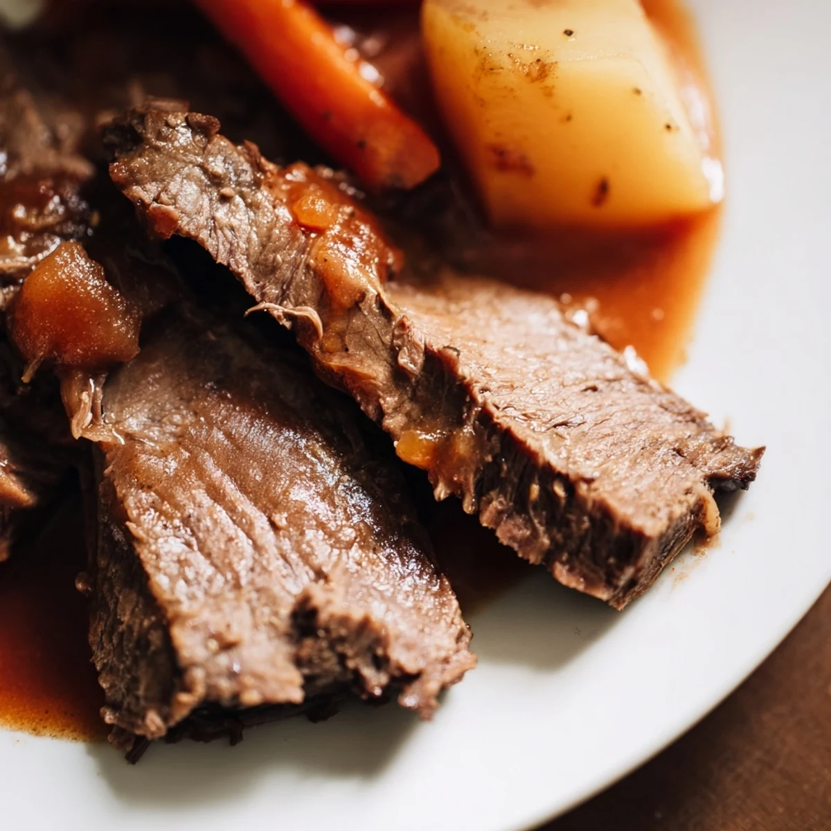Savory Slow Cooker Pot Roast with Carrots and Potatoes in a slow cooker with rich gravy and herbs.