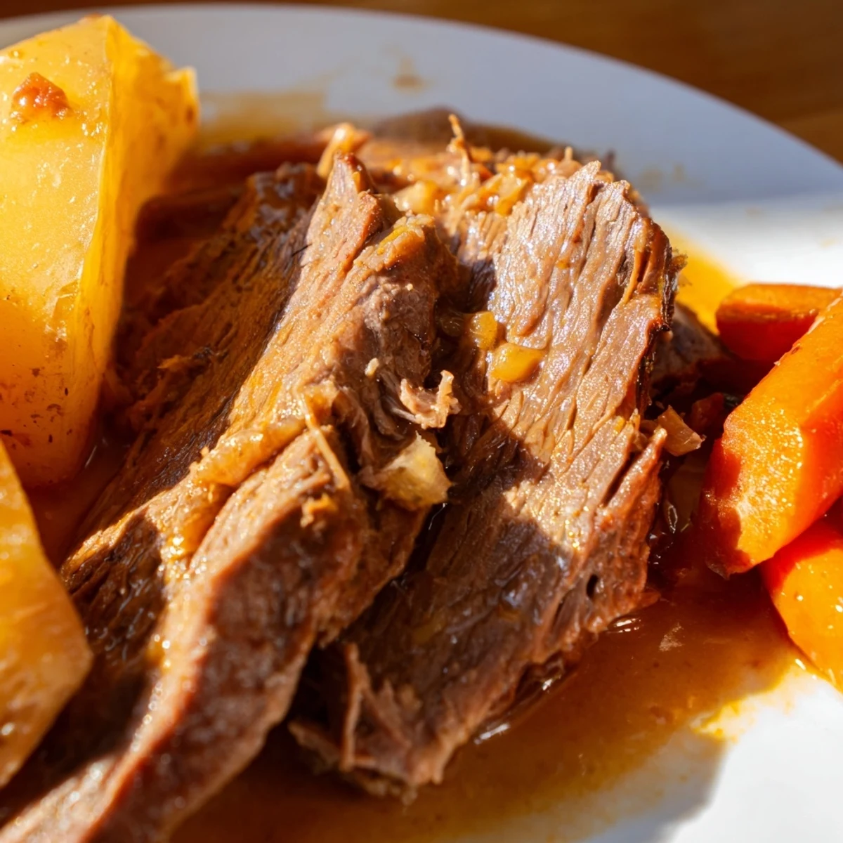 Tender Slow Cooker Pot Roast with Carrots and Potatoes served on a white plate with fresh parsley garnish.