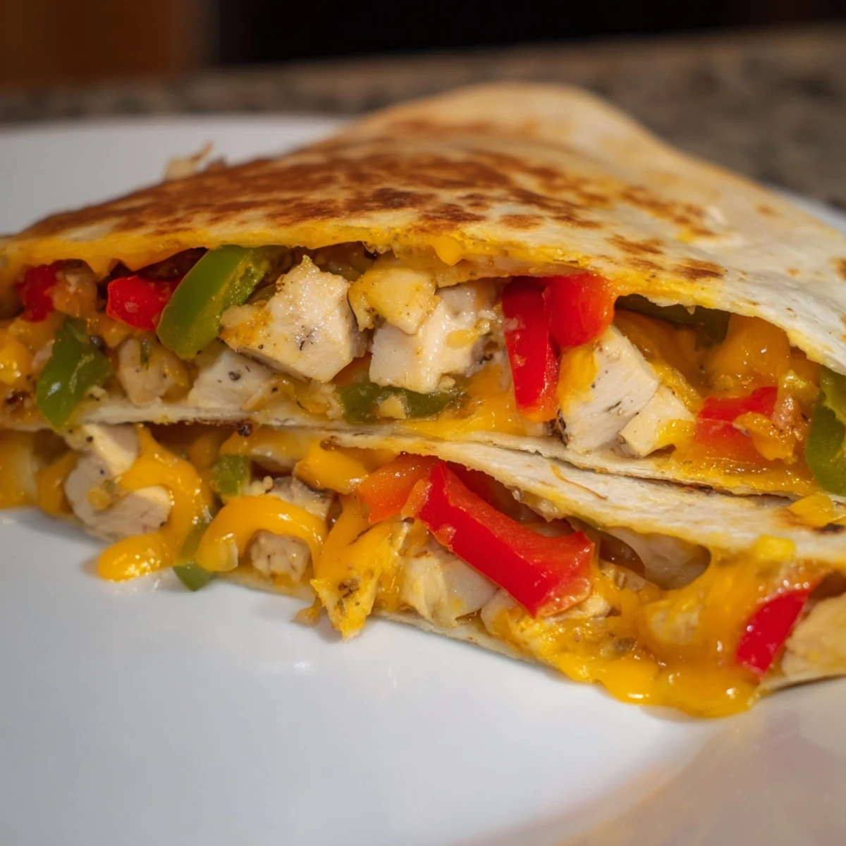 Close-up of Chicken Quesadillas with Peppers and Onions, showcasing melted cheddar and Monterey Jack cheese.